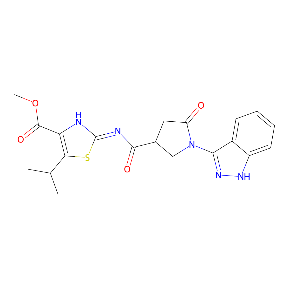 methyl 2-({[1-(1H-indazol-3-yl)-5-oxopyrrolidin-3-yl]carbonyl}amino)-5-(propan-2-yl)-1,3-thiazole-4-carboxylate molecular structure, CAS 1442083-76-2