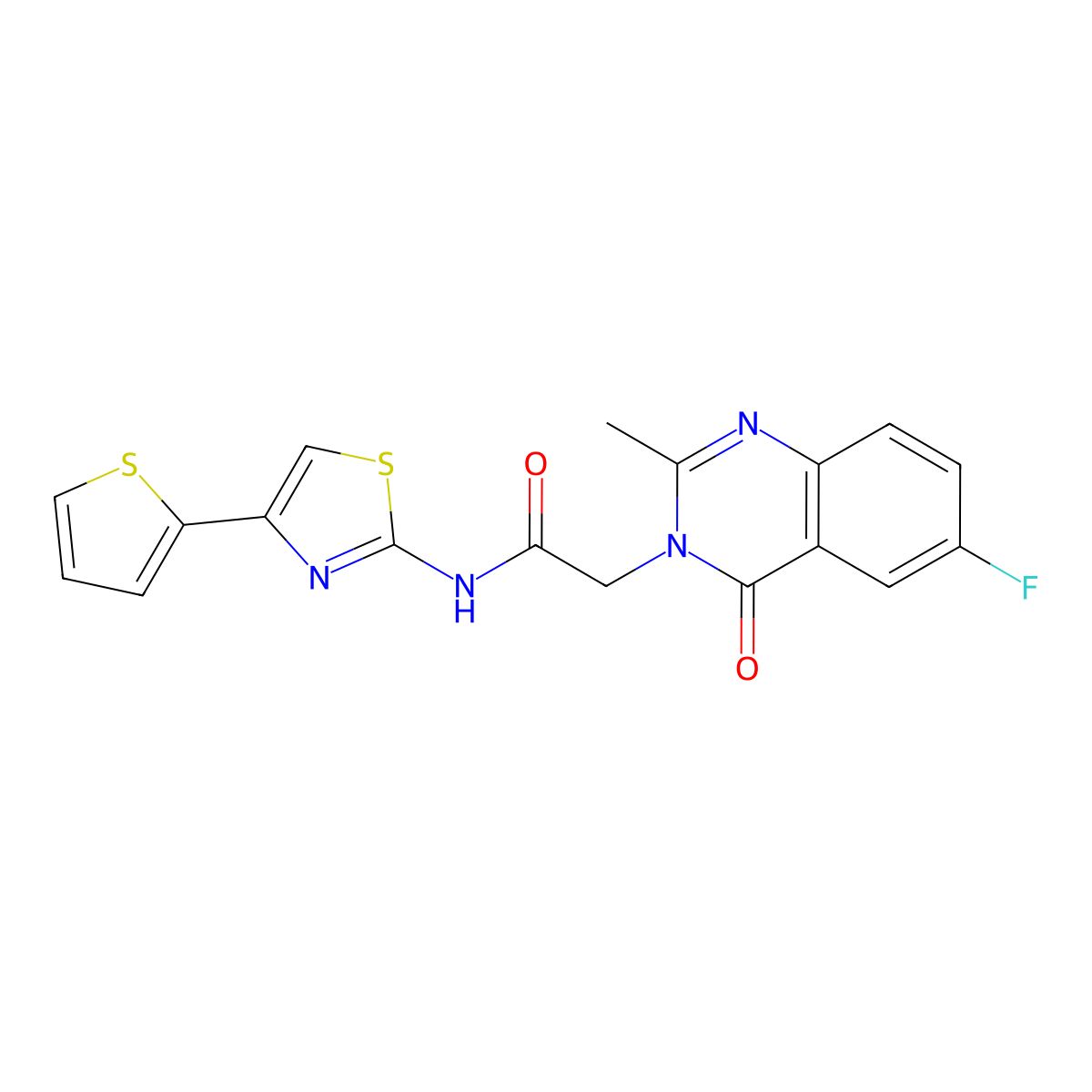 2-(6-fluoro-2-methyl-4-oxoquinazolin-3(4H)-yl)-N-(4-(thiophen-2-yl)thiazol-2-yl)acetamide molecular structure, CAS 1442084-41-4