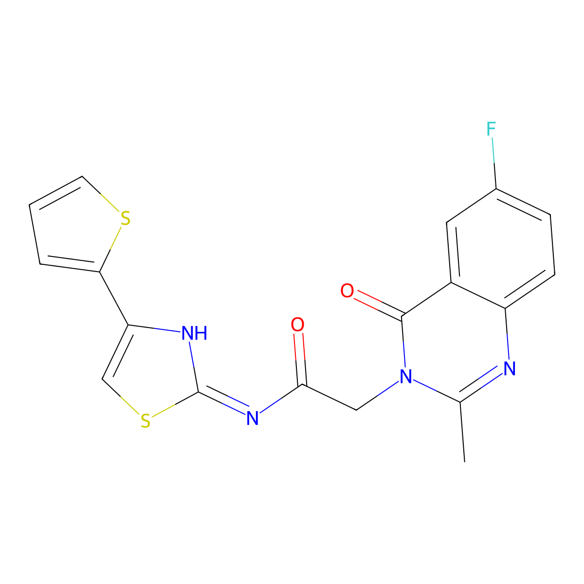 2-(6-fluoro-2-methyl-4-oxoquinazolin-3(4H)-yl)-N-(4-(thiophen-2-yl)thiazol-2-yl)acetamide molecular structure, CAS 1442084-41-4