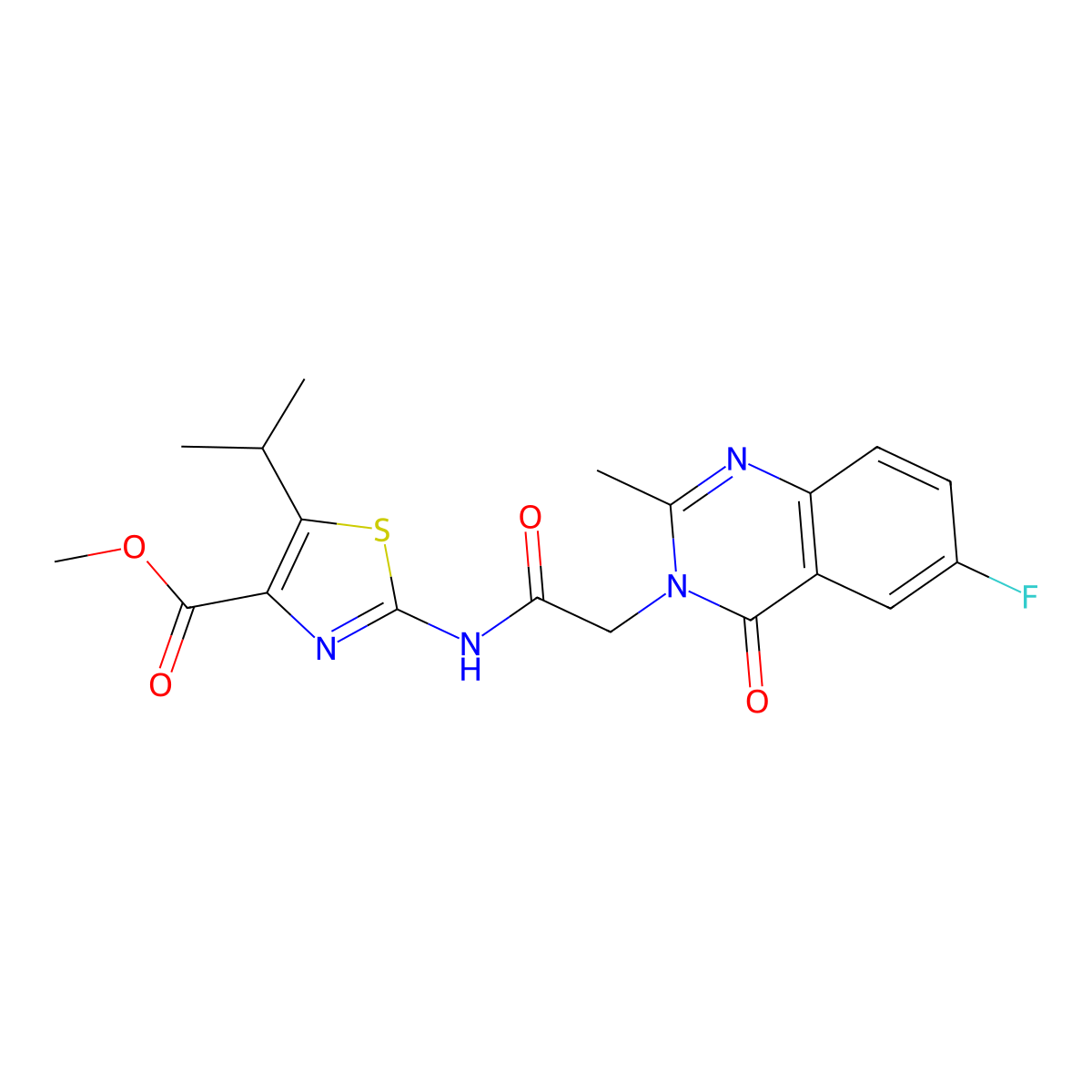 methyl 2-{[(6-fluoro-2-methyl-4-oxoquinazolin-3(4H)-yl)acetyl]amino}-5-(propan-2-yl)-1,3-thiazole-4-carboxylate molecular structure, CAS 1442084-43-6