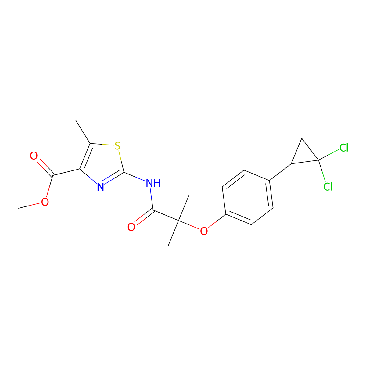 Methyl 2-({2-[4-(2,2-dichlorocyclopropyl)phenoxy]-2-methylpropanoyl}amino)-5-methyl-1,3-thiazole-4-carboxylate molecular structure, CAS 1442084-46-9