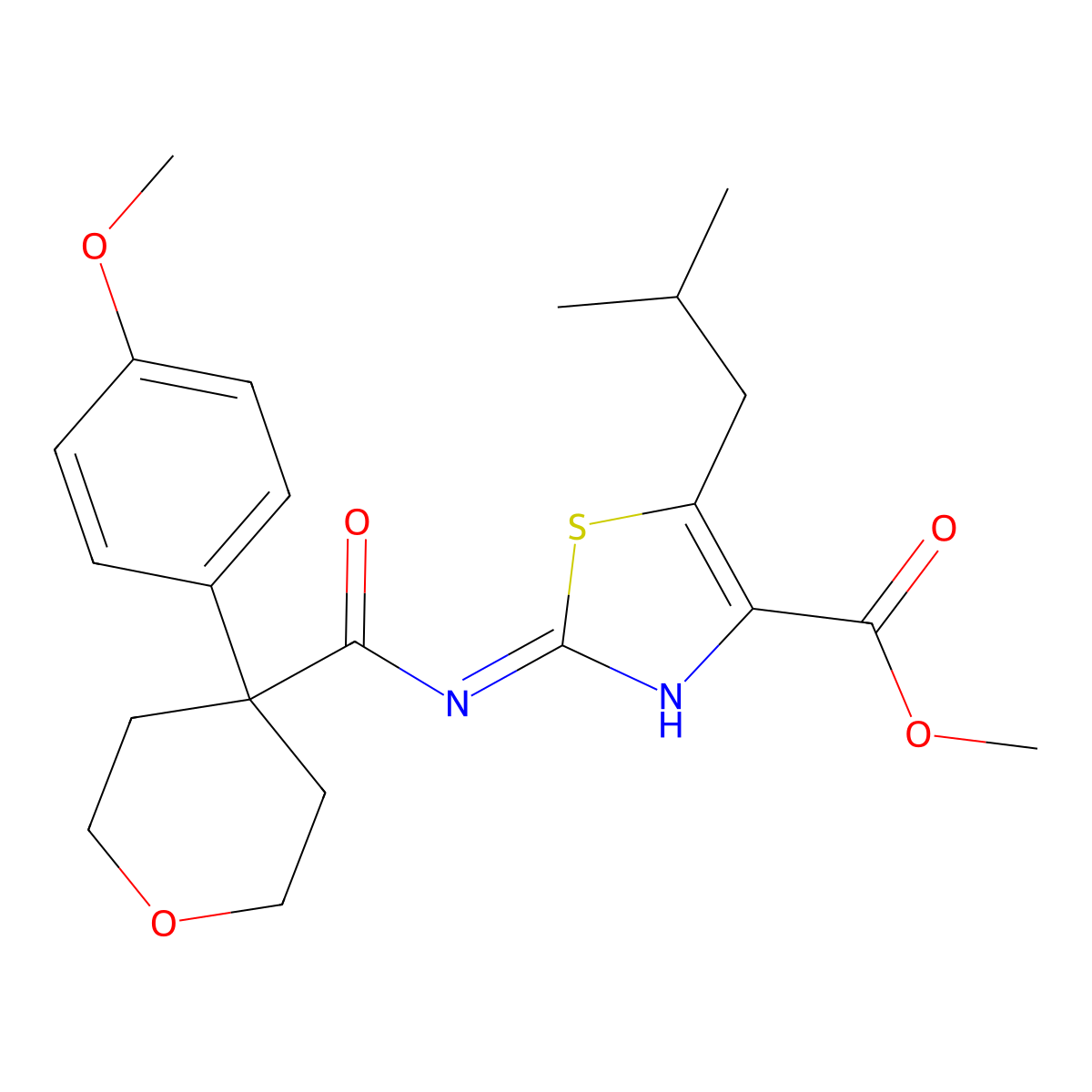 methyl 5-isobutyl-2-({[4-(4-methoxyphenyl)tetrahydro-2H-pyran-4-yl]carbonyl}amino)-1,3-thiazole-4-carboxylate molecular structure, CAS 1442084-65-2