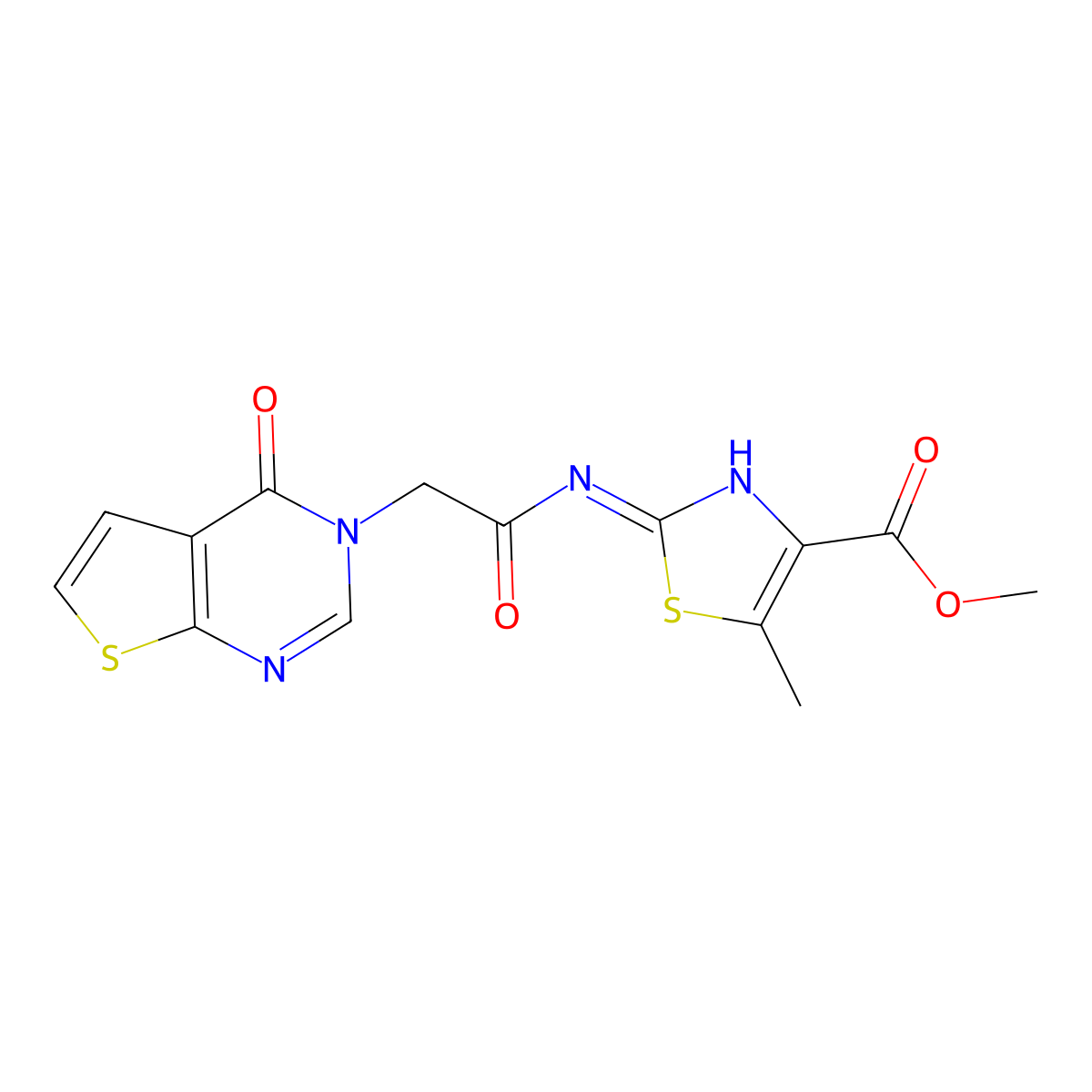 methyl 5-methyl-2-{[(4-oxothieno[2,3-d]pyrimidin-3(4H)-yl)acetyl]amino}-1,3-thiazole-4-carboxylate molecular structure, CAS 1442084-70-9