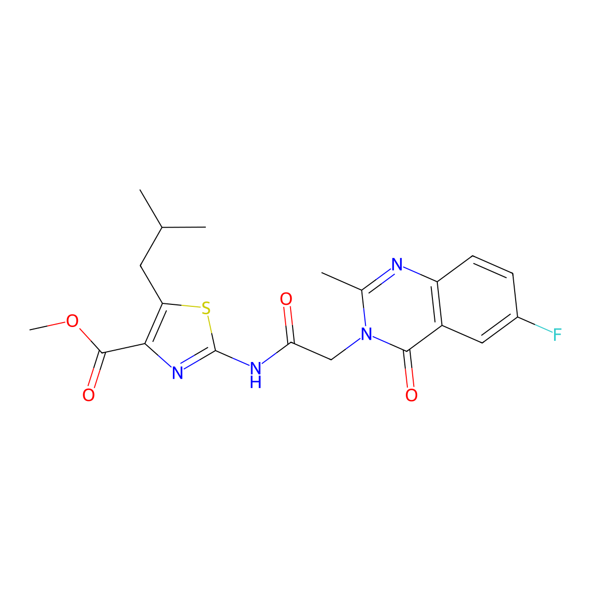 methyl 2-{[(6-fluoro-2-methyl-4-oxoquinazolin-3(4H)-yl)acetyl]amino}-5-(2-methylpropyl)-1,3-thiazole-4-carboxylate molecular structure, CAS 1442084-73-2