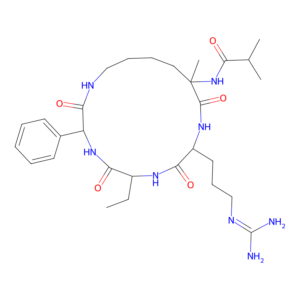 N-[(3R,6S,9S,12R)-9-[3-(diaminomethylideneamino)propyl]-6-ethyl-12-methyl-2,5,8,11-tetraoxo-3-phenyl-1,4,7,10-tetrazacyclohexadec-12-yl]-2-methylpropanamide molecular structure, CAS 1442106-10-6