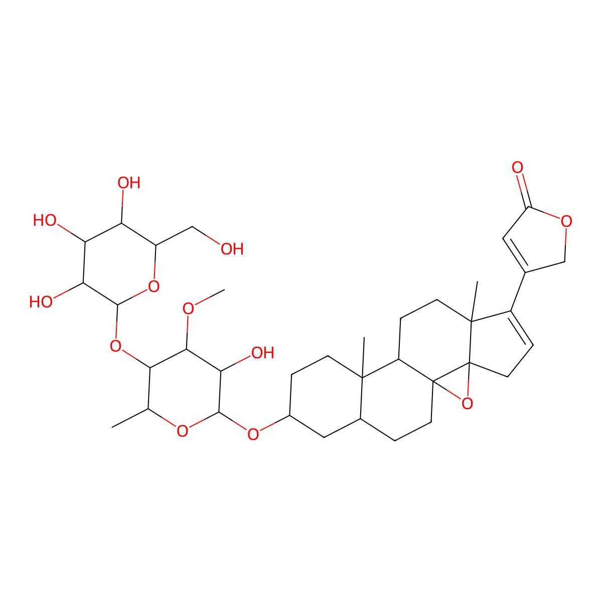 3-[14-[3-hydroxy-4-methoxy-6-methyl-5-[3,4,5-trihydroxy-6-(hydroxymethyl)oxan-2-yl]oxyoxan-2-yl]oxy-7,11-dimethyl-2-oxapentacyclo[8.8.0.01,3.03,7.011,16]octadec-5-en-6-yl]-2H-furan-5-one molecular structure, CAS 144223-70-1