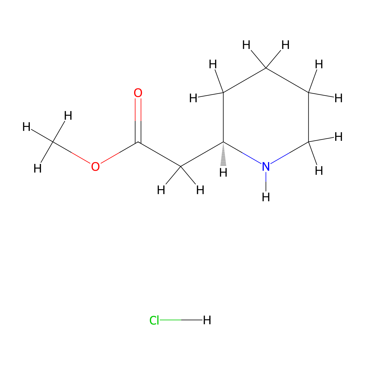 Methyl (R)-2-(piperidin-2-yl)acetate hydrochloride molecular structure, CAS 144239-68-9
