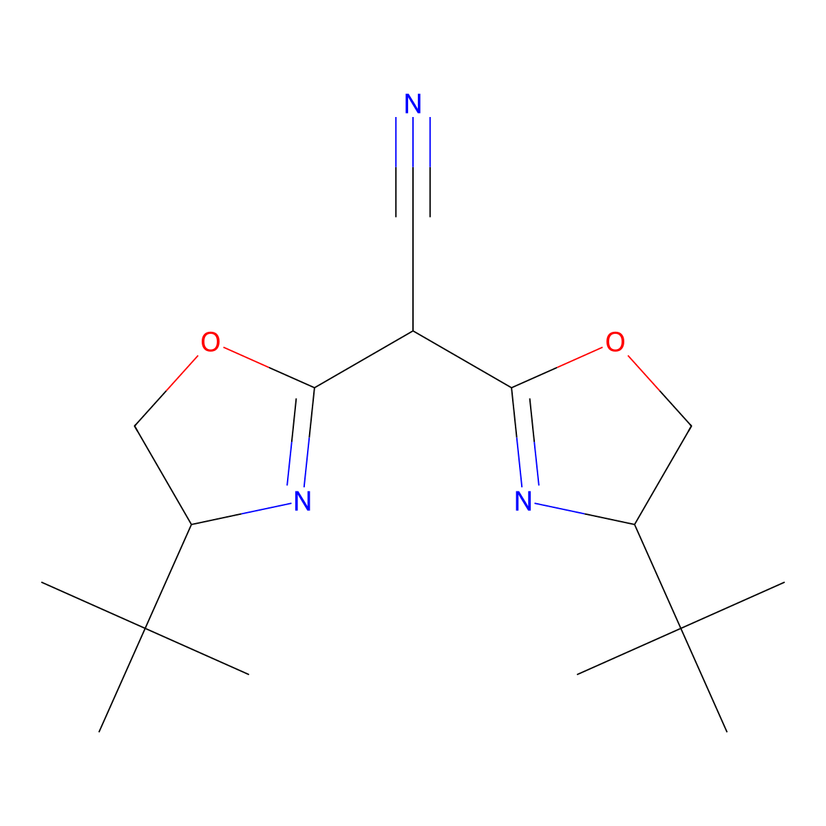 2,2-Bis((R)-4-(tert-butyl)-4,5-dihydrooxazol-2-yl)acetonitrile molecular structure, CAS 1442644-13-4
