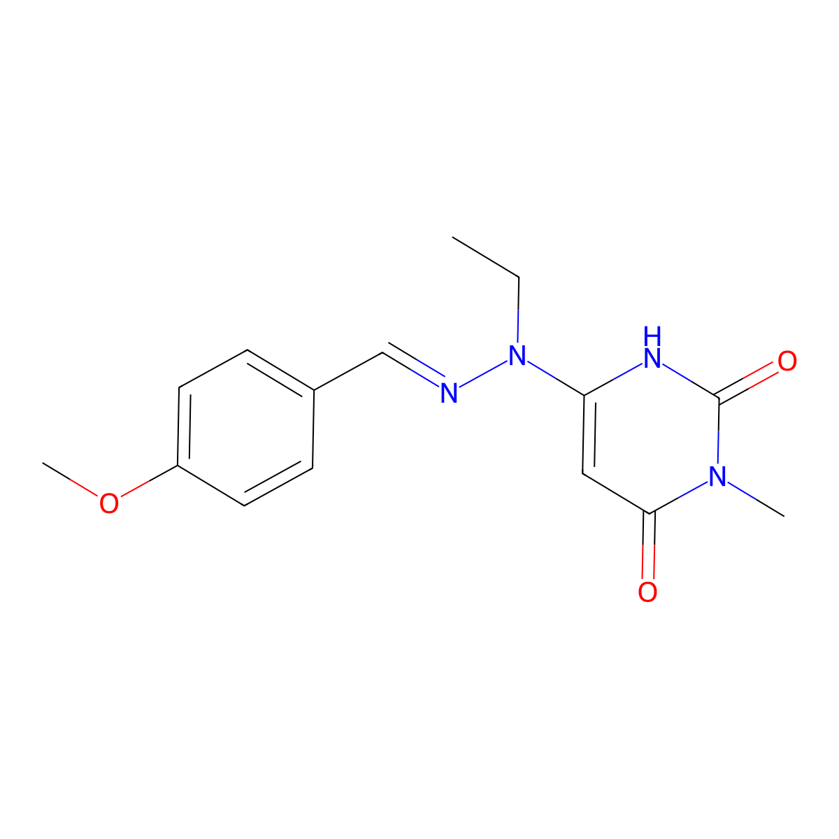6-{1-Ethyl-2-[(4-methoxyphenyl)methylidene]hydrazinyl}-3-methylpyrimidine-2,4(1H,3H)-dione molecular structure, CAS 144294-62-2