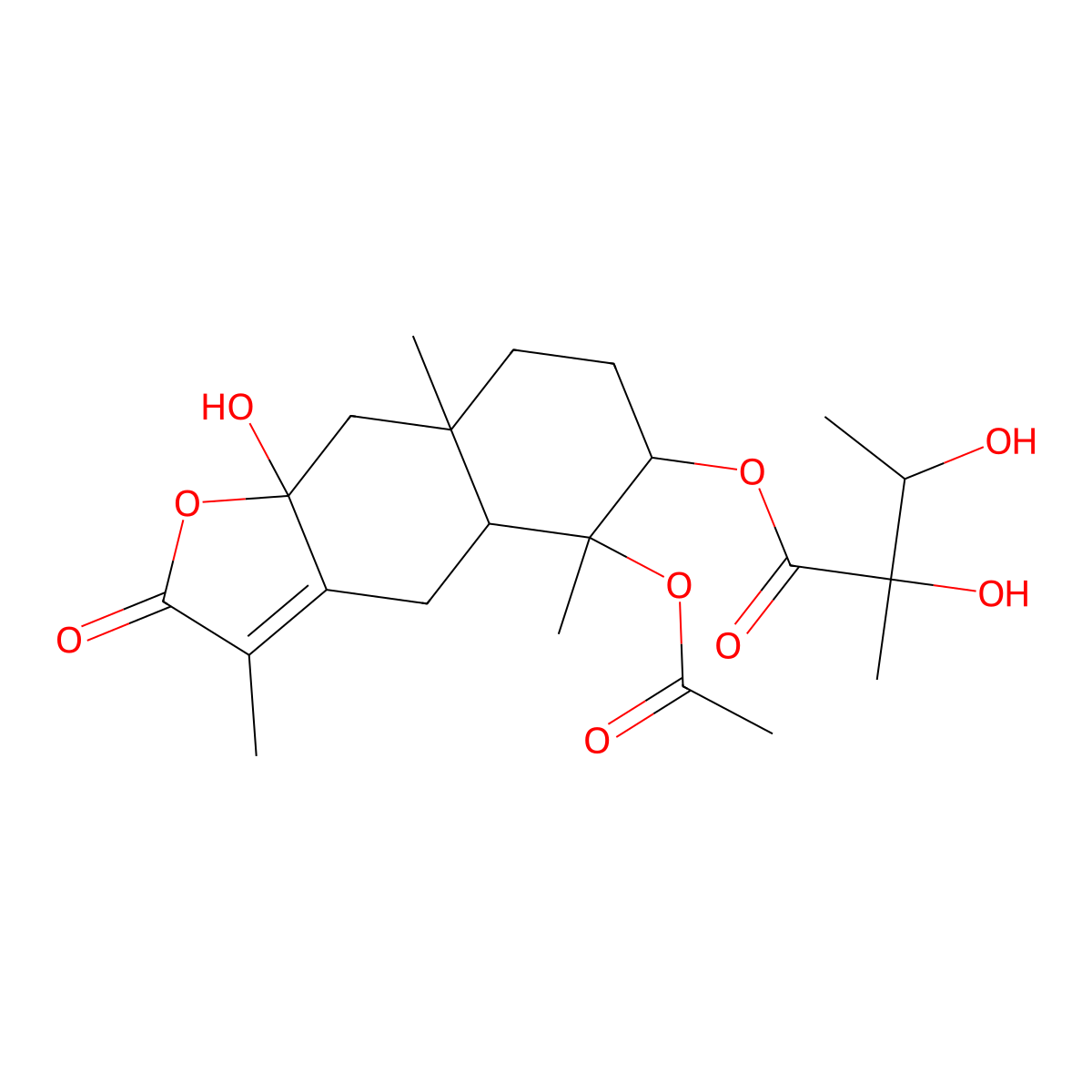 4alpha,8beta-Dihydroxy-3alpha-(2-hydroxy-3-acetoxy-2-methylbutyryloxy)eudesm-7(11)-en-12,8alpha-olide molecular structure, CAS 1442989-33-4