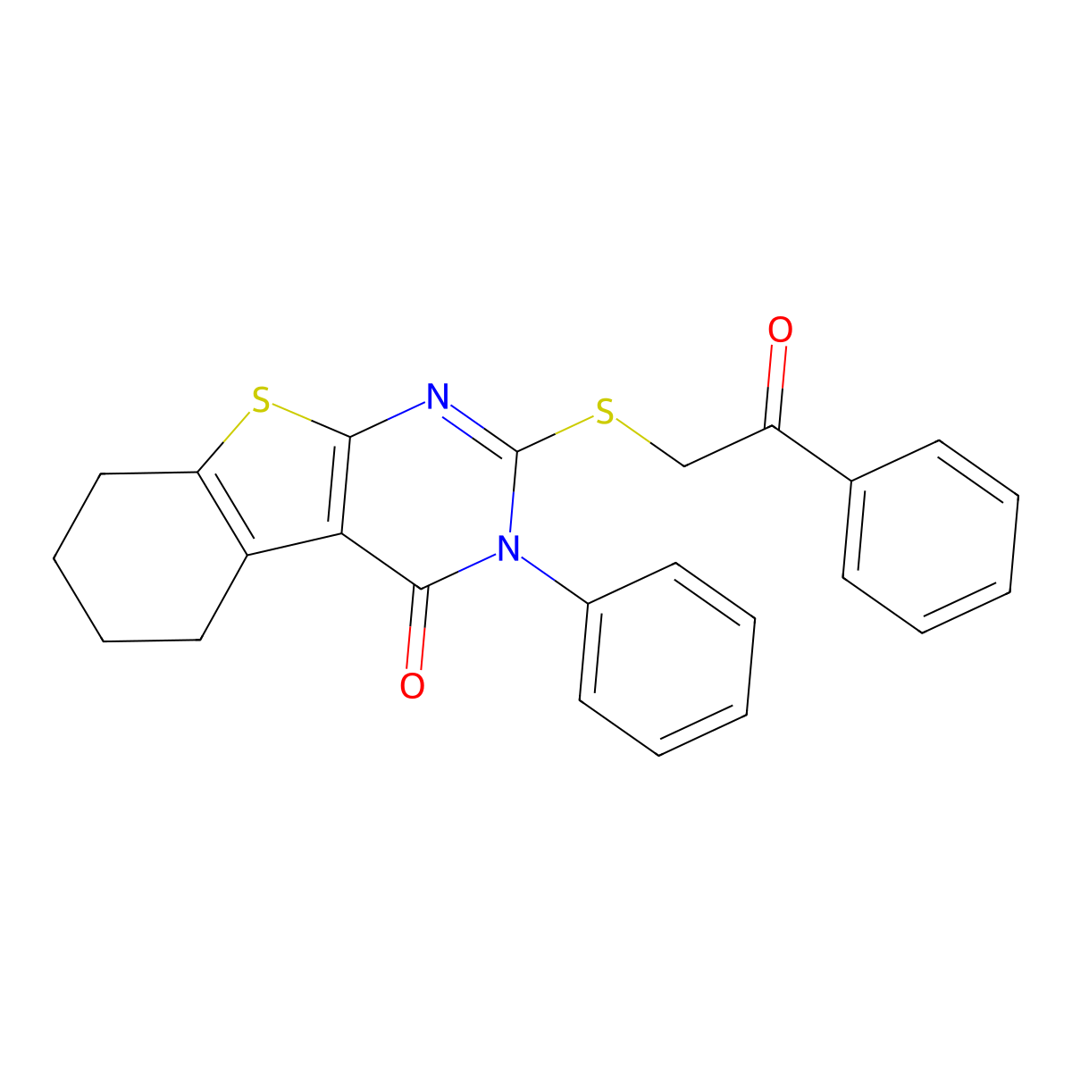 2-Phenacylsulfanyl-3-phenyl-5,6,7,8-tetrahydro-[1]benzothiolo[2,3-d]pyrimidin-4-one molecular structure, CAS 144316-11-0