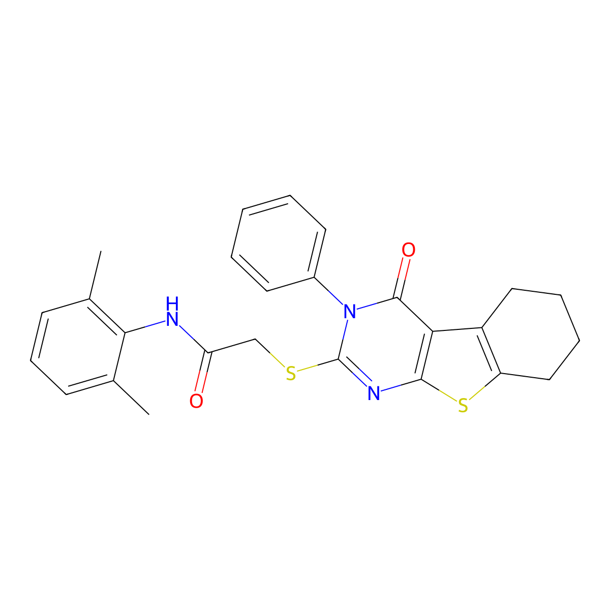 N-(2,6-dimethylphenyl)-2-(4-oxo-3-phenyl(3,5,6,7,8-pentahydrobenzo[b]thiopheno [2,3-d]pyrimidin-2-ylthio))acetamide molecular structure, CAS 144316-13-2