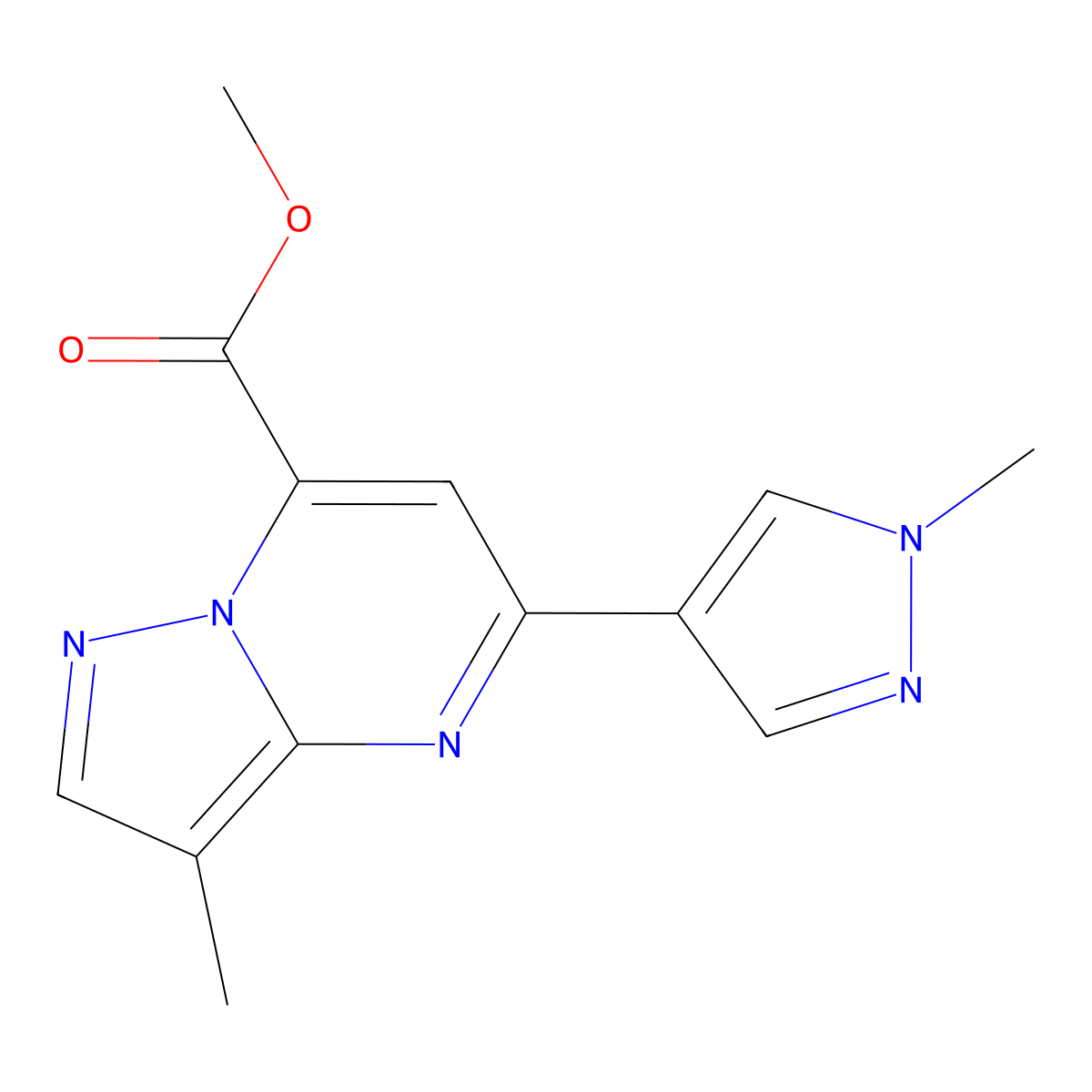methyl 3-methyl-5-(1-methyl-1H-pyrazol-4-yl)pyrazolo[1,5-a]pyrimidine-7-carboxylate molecular structure, CAS 1443278-83-8