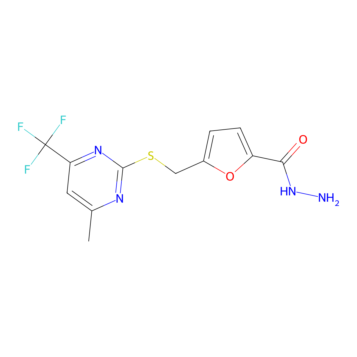 5-({[4-Methyl-6-(trifluoromethyl)pyrimidin-2-yl]sulfanyl}methyl)furan-2-carbohydrazide molecular structure, CAS 1443279-35-3