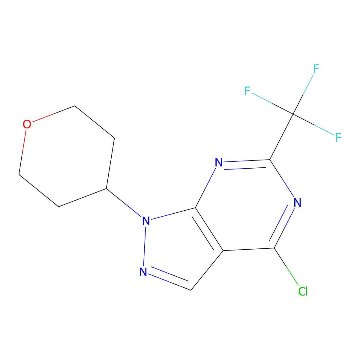 4-Chloro-1-(tetrahydro-2H-pyran-4-yl)-6-(trifluoromethyl)-1H-pyrazolo[3,4-d]pyrimidine molecular structure, CAS 1443286-32-5