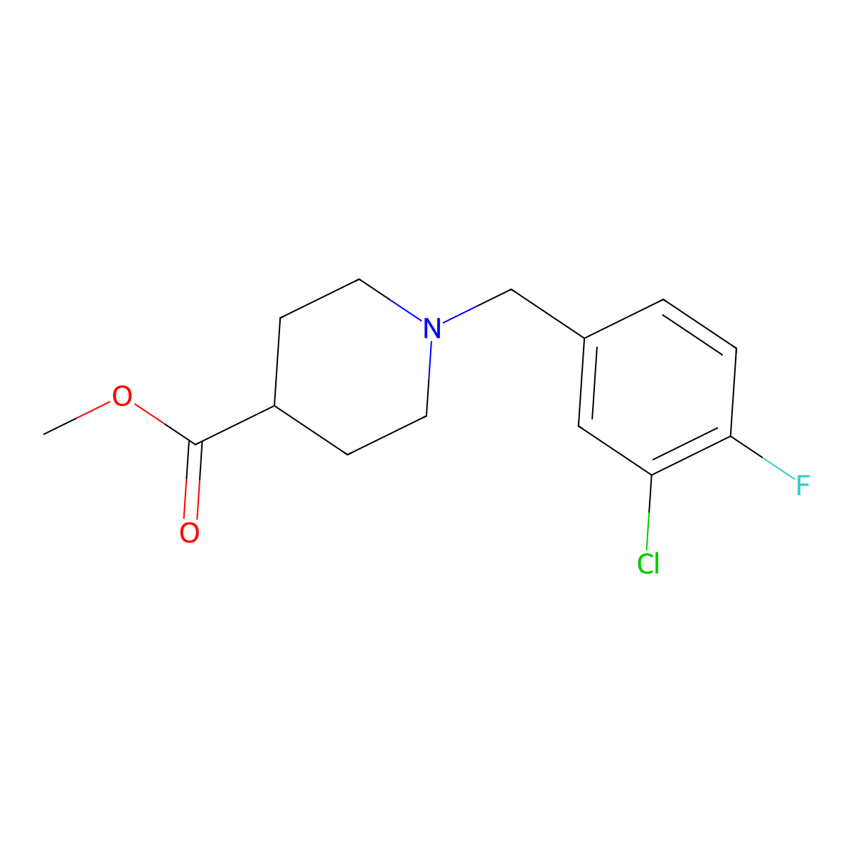 Methyl 1-[(3-chloro-4-fluorophenyl)methyl]piperidine-4-carboxylate molecular structure, CAS 1443309-24-7