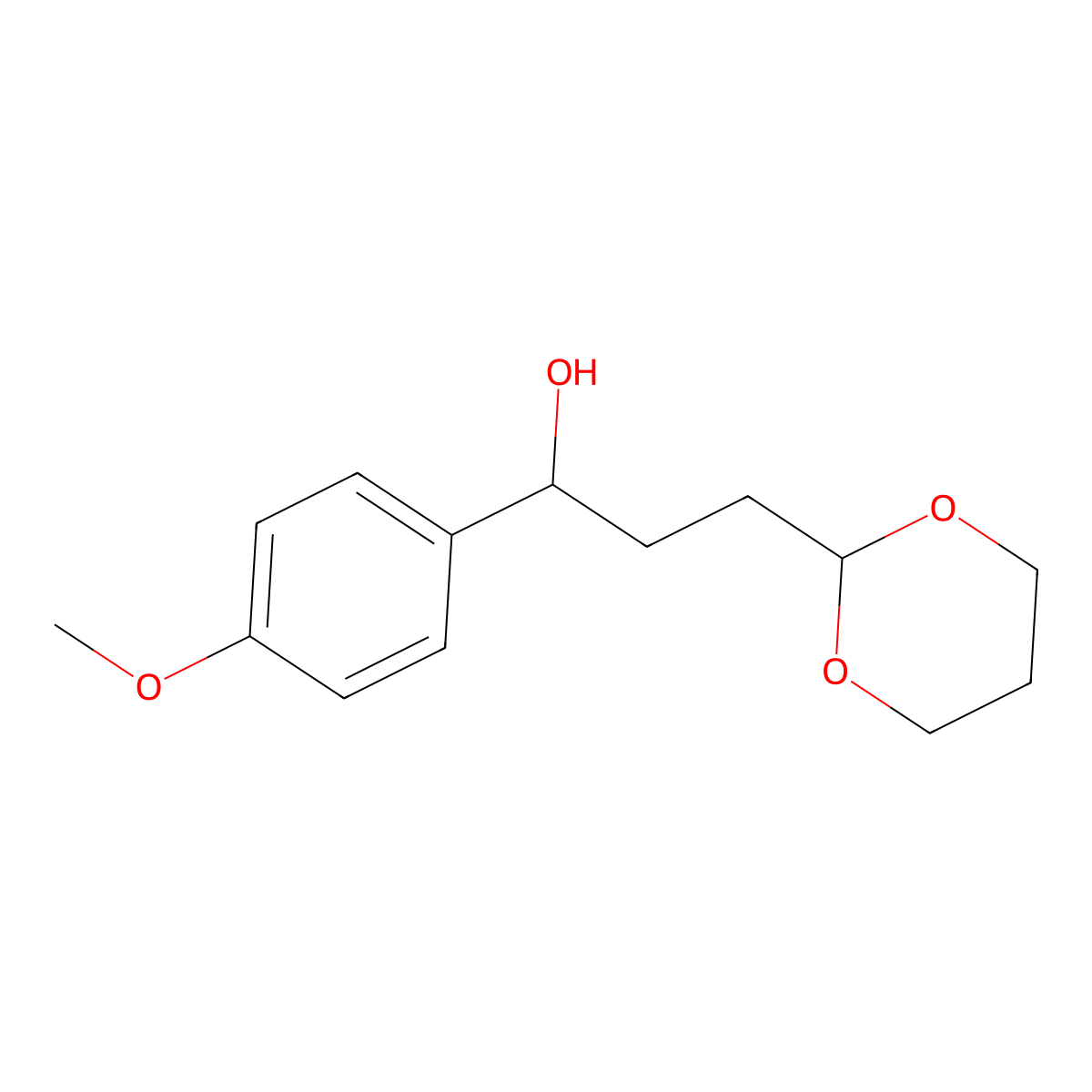 3-[2-(1,3-Dioxanyl)]-1-(4-methoxyphenyl)-1-propanol molecular structure, CAS 1443329-83-6