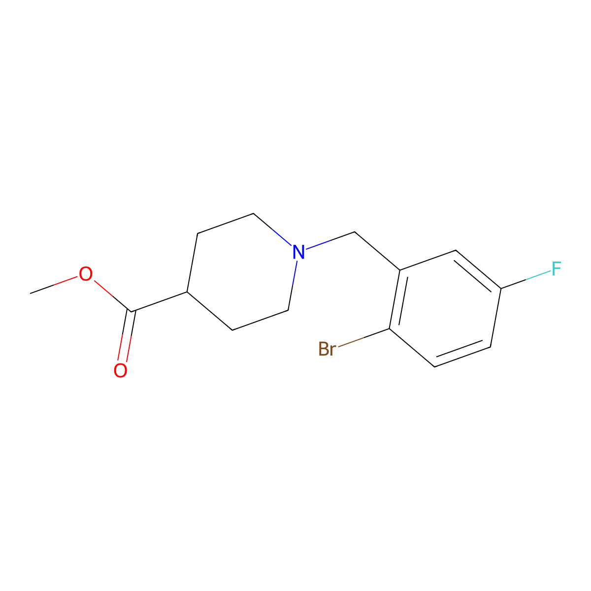 Methyl 1-[(2-bromo-5-fluorophenyl)methyl]piperidine-4-carboxylate molecular structure, CAS 1443342-48-0