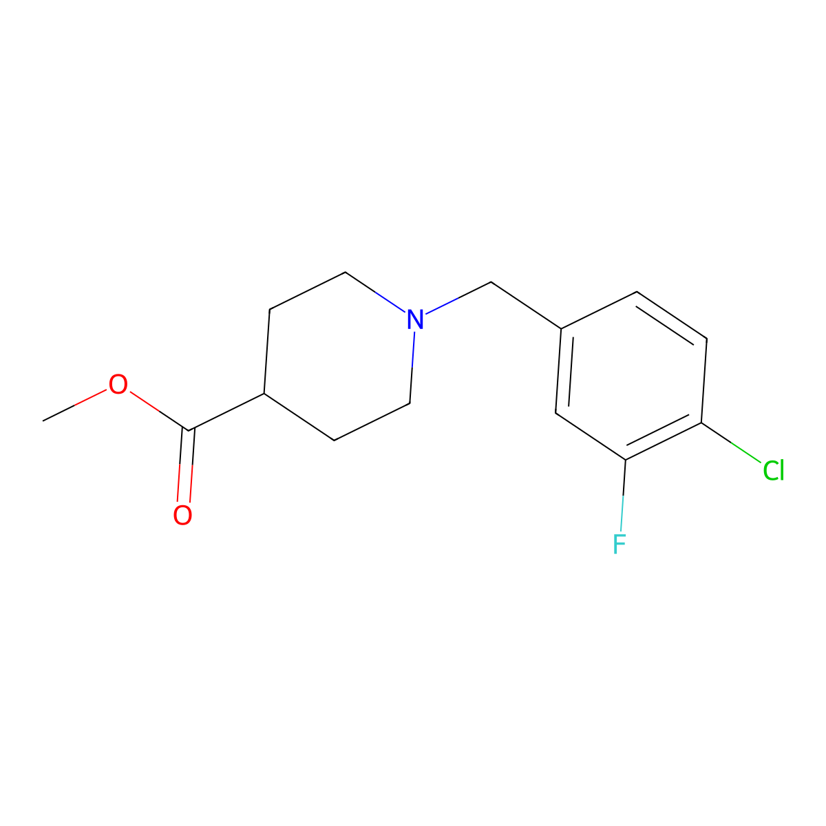 Methyl 1-[(4-chloro-3-fluorophenyl)methyl]piperidine-4-carboxylate molecular structure, CAS 1443353-96-5