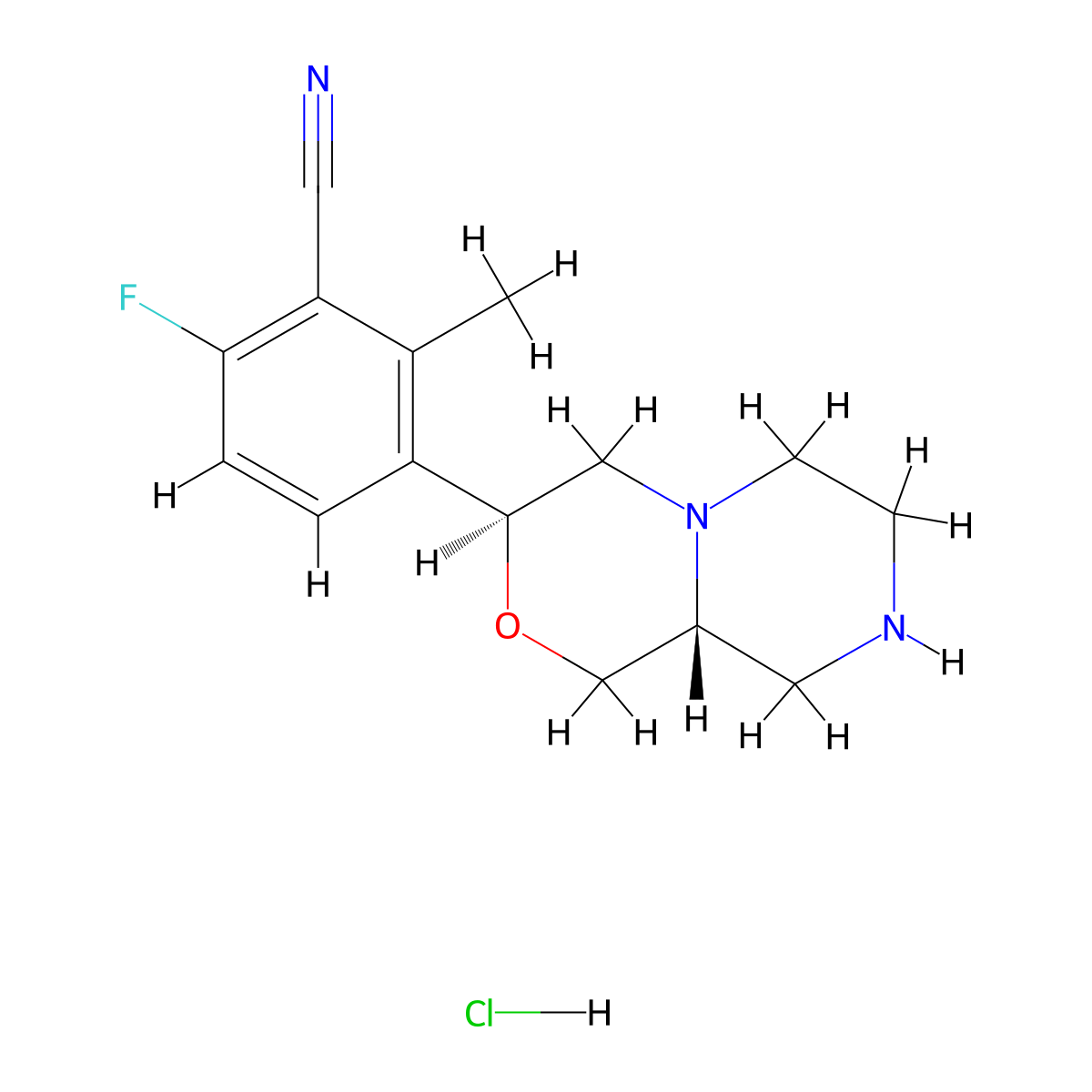 6-fluoro-2-methyl-3-[(3S,9aR)-octahydropyrazino[2,1-c][1,4]oxazin-3-yl]benzonitrile hydrochloride molecular structure, CAS 1443739-29-4