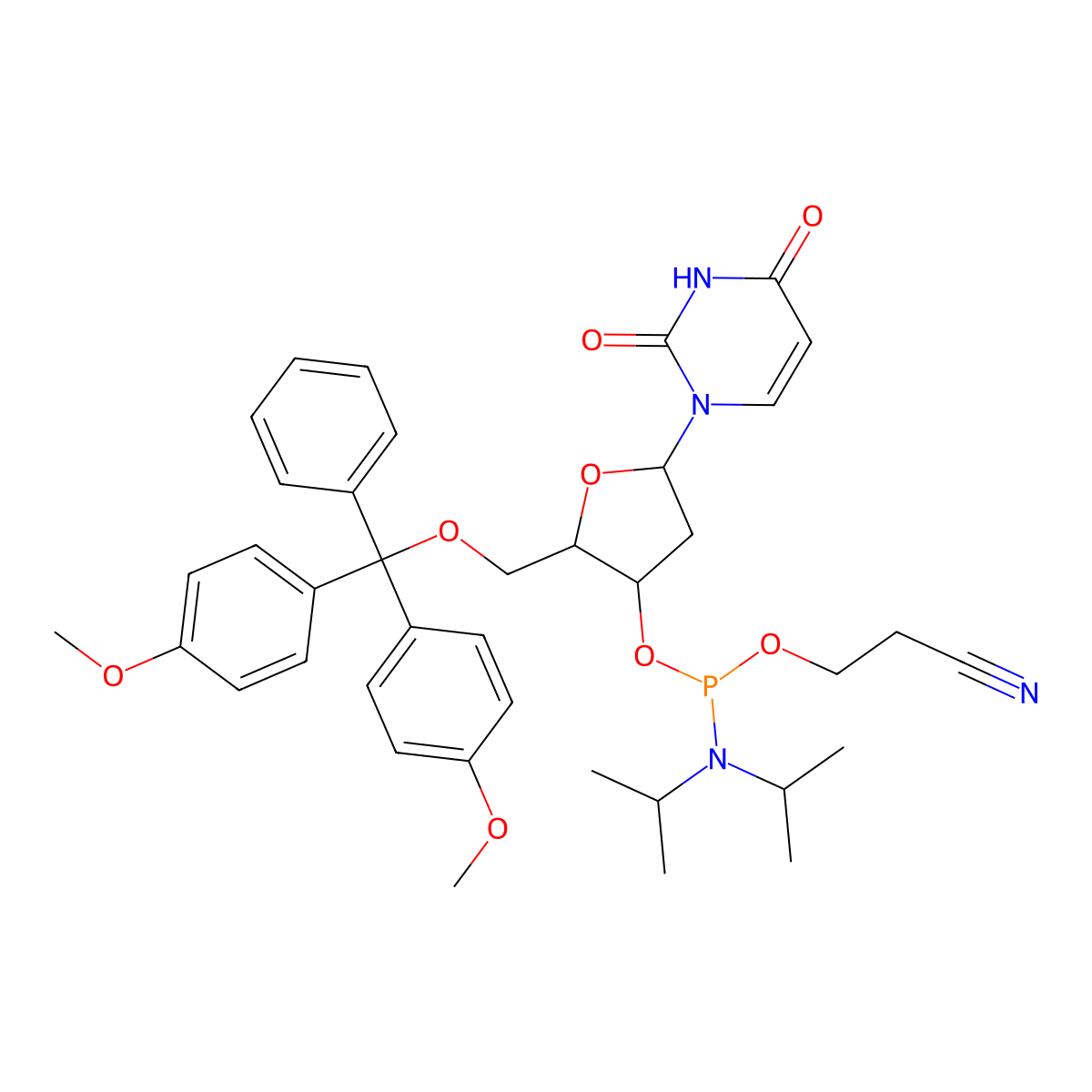 N(iPr)2P(OCH2CH2CN)(-3)[DMT(-5)]2-deoxy-L-eryPenf(b)-uracil-1-yl molecular structure, CAS 144385-59-1