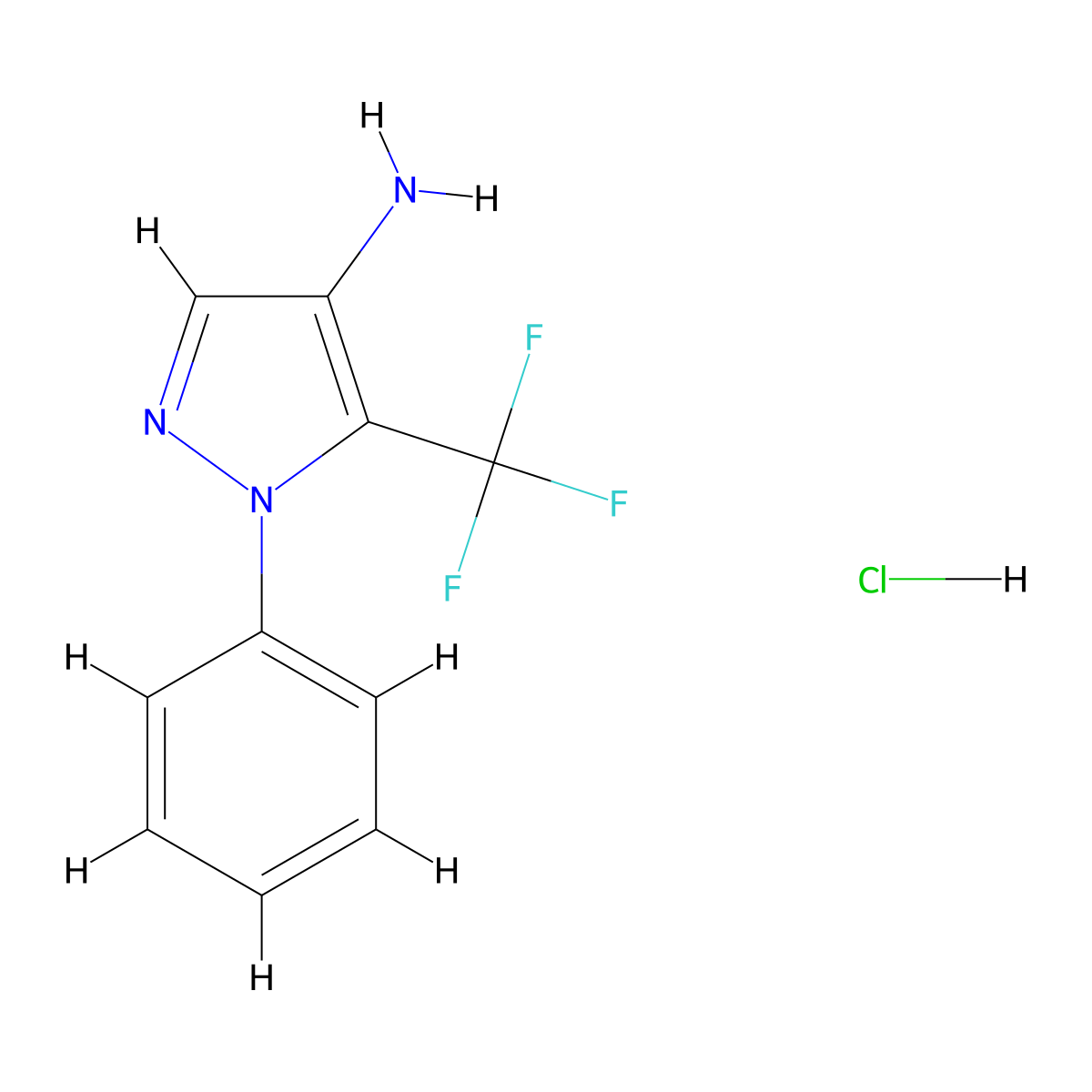 1-phenyl-5-(trifluoromethyl)-1H-pyrazol-4-amine hydrochloride molecular structure, CAS 1443979-64-3