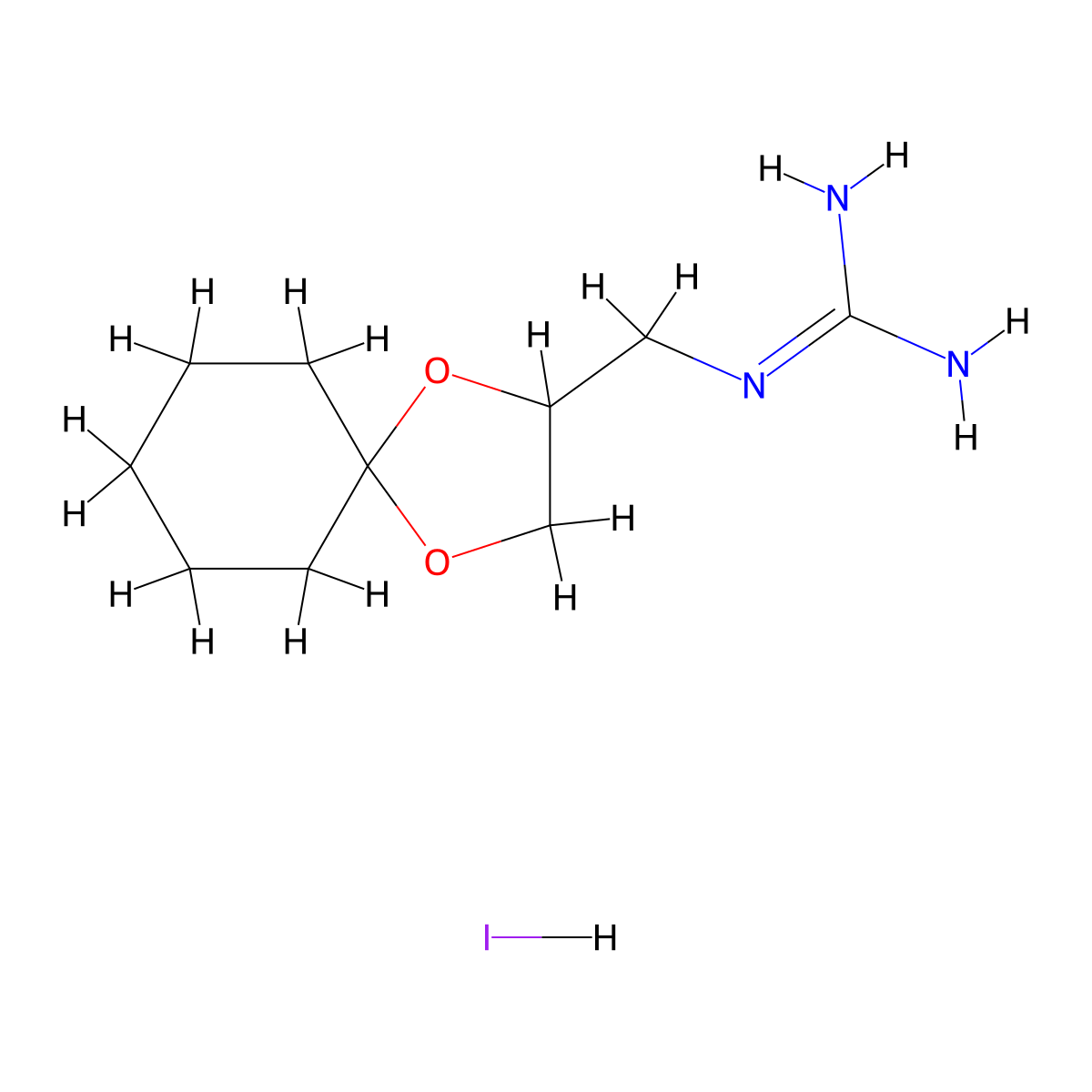 N-((1,4-dioxaspiro(4.5)decan-2-yl)methyl)guanidine hydroiodide molecular structure, CAS 1443980-00-4