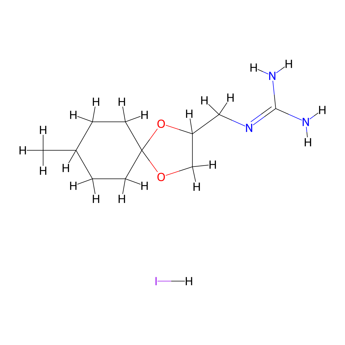 N-((8-methyl-1,4-dioxaspiro(4.5)decan-2-yl)methyl)guanidine hydroiodide molecular structure, CAS 1443980-66-2