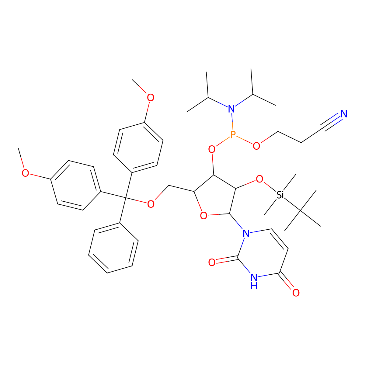 (2S,3S,4S,5S)-2-((Bis(4-methoxyphenyl)(phenyl)methoxy)methyl)-4-((tert-butyldimethylsilyl)oxy)-5-(2,4-dioxo-3,4-dihydropyrimidin-1(2H)-yl)tetrahydrofuran-3-yl (2-cyanoethyl) diisopropylphosphoramidite molecular structure, CAS 144490-31-3