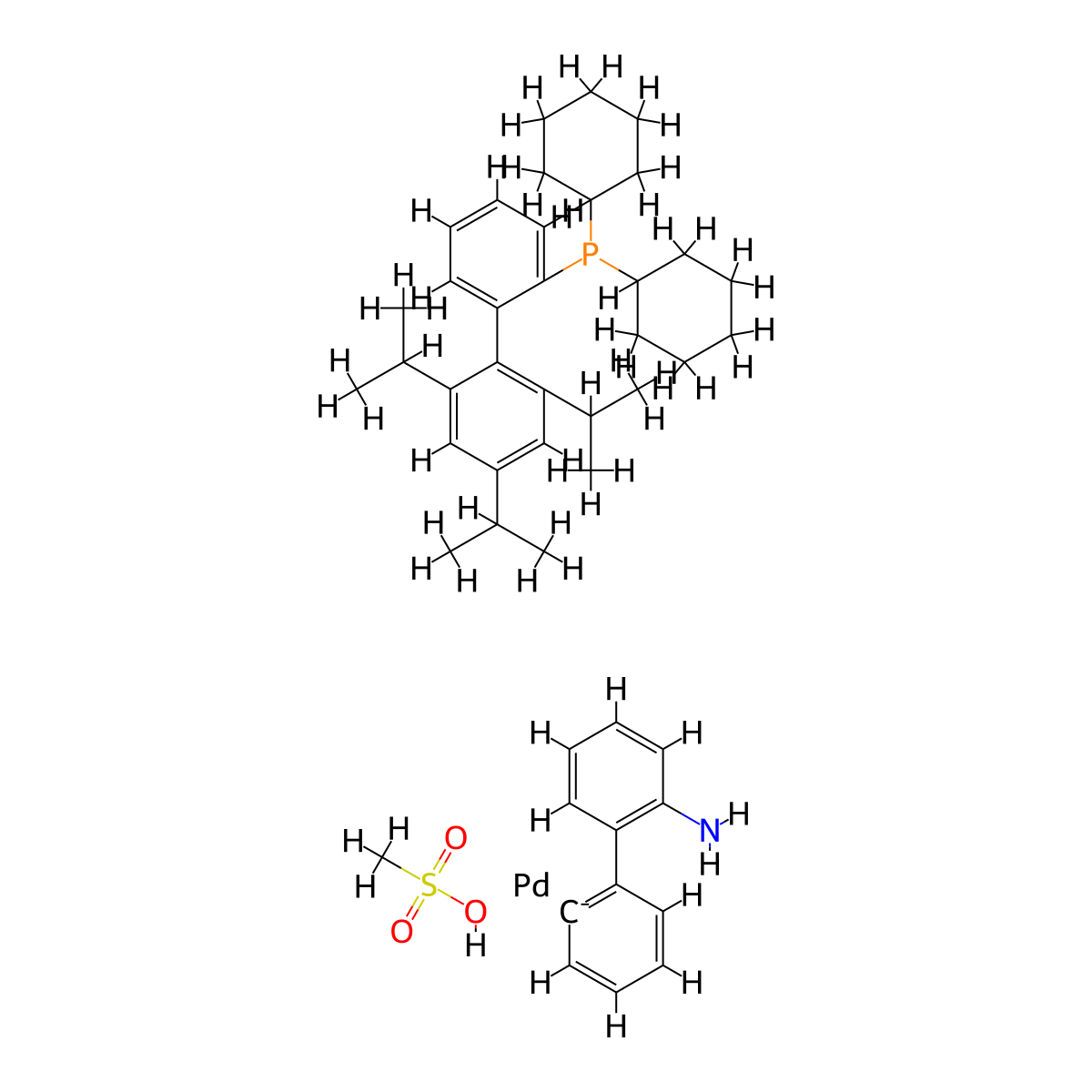 Methanesulfonato(2-dicyclohexylphosphino-2',4',6'-tri-i-propyl-1,1'-biphenyl)(2'-amino-1,1'-biphenyl-2-yl)palladium(II) , Xphos Pd G3 molecular structure, CAS 1445085-55-1