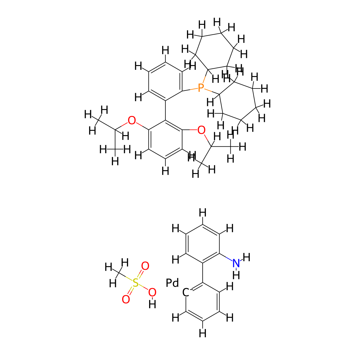 Methanesulfonato(2-dicyclohexylphosphino-2',6'-di-i-propoxy-1,1'-biphenyl)(2'-amino-1,1'-biphenyl-2-yl)palladium(II) , RuPhos-Pd-G3 molecular structure, CAS 1445085-77-7