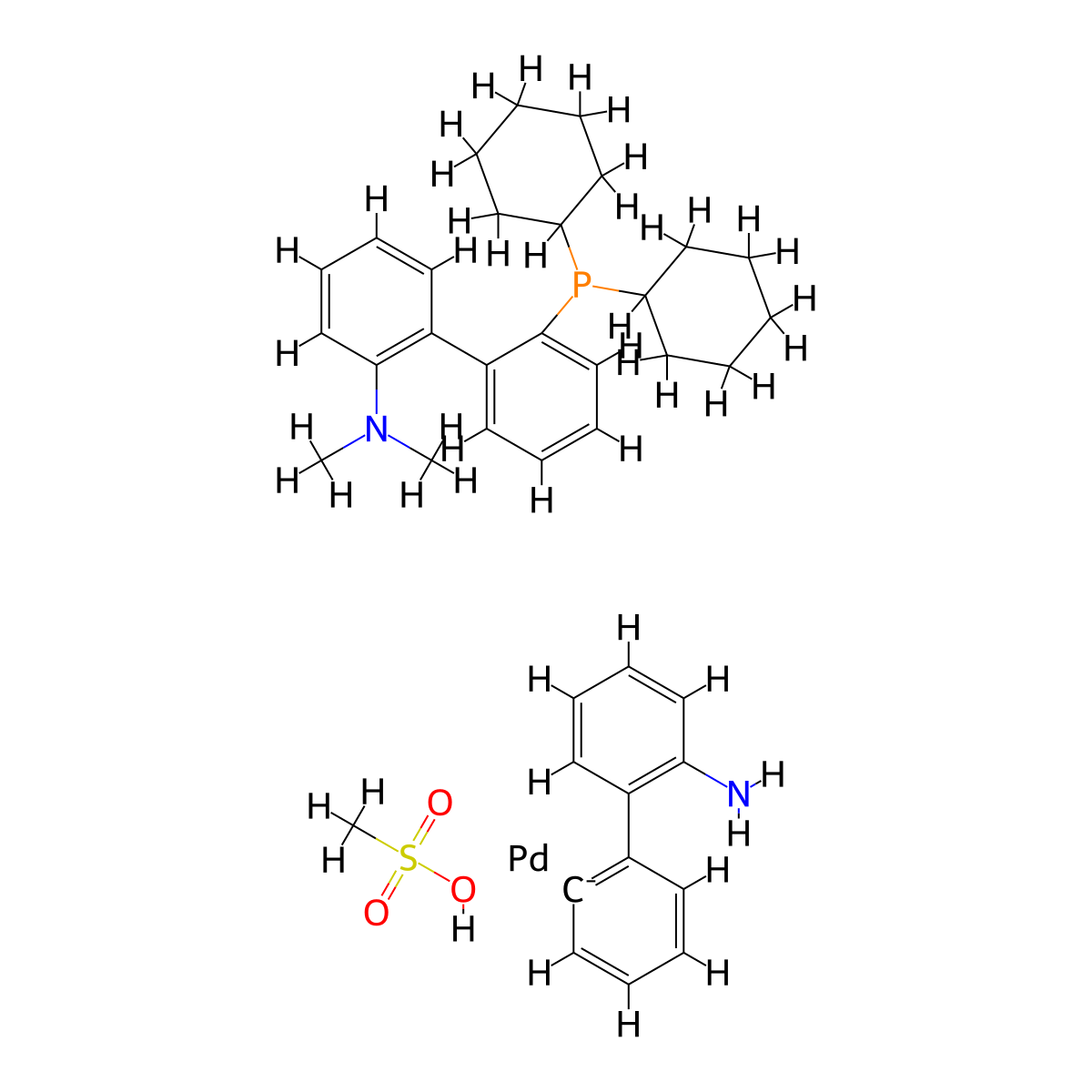 Methanesulfonato[2-(dicyclohexylphosphino)-2'-(N,N-dimethylamino)-1,1'-biphenyl](2'-amino-1,1'-biphenyl-2-yl)palladium(II) , DavePhos-Pd-G3 molecular structure, CAS 1445085-87-9