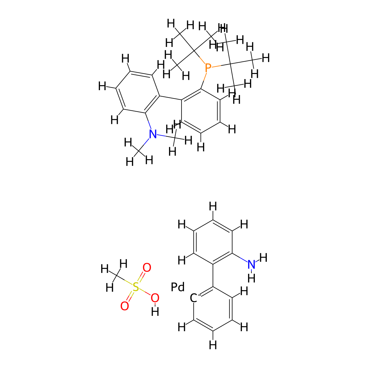 Methanesulfonato[2-(di-t-butylphosphino)-2'-(N,N-dimethylamino)-1,1'-biphenyl](2'-amino-1,1'-biphenyl-2-yl)palladium(II) , t-BuDavePhos Pd G3 molecular structure, CAS 1445085-92-6