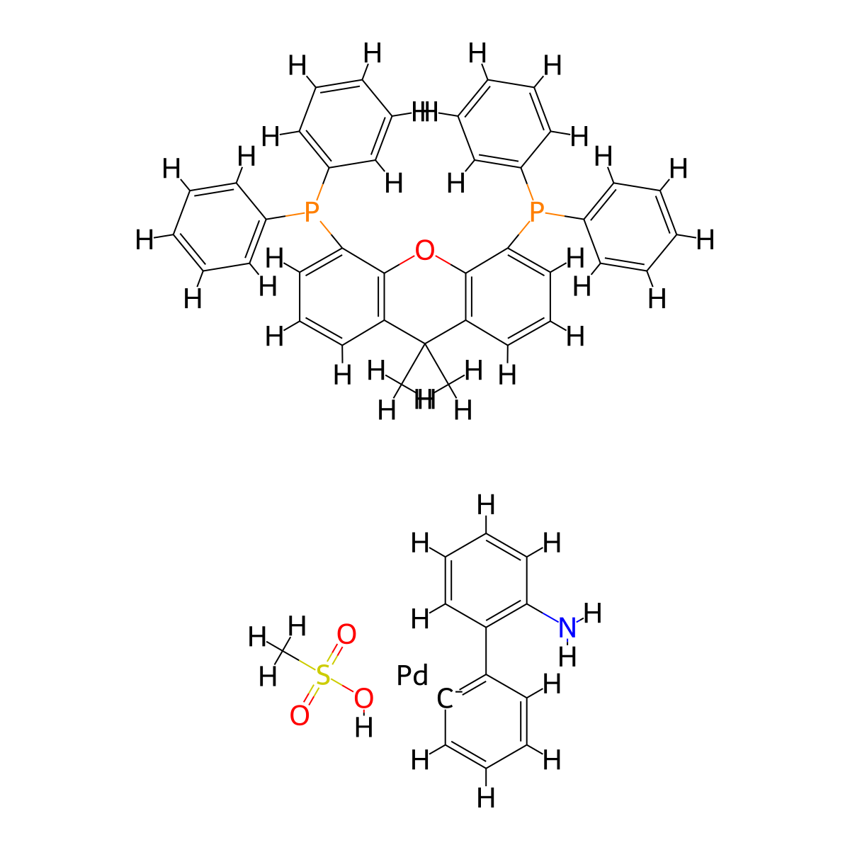 [2'-(Amino-κN)[1,1'-biphenyl]-2-yl-κC][[5-(diphenylphosphino)-9,9-dimethyl-9H-xanthen-4-yl]diphenylphosphine-κP](methanesulfonato-κO)palladium , XantPhos Pd G3 molecular structure, CAS 1445085-97-1