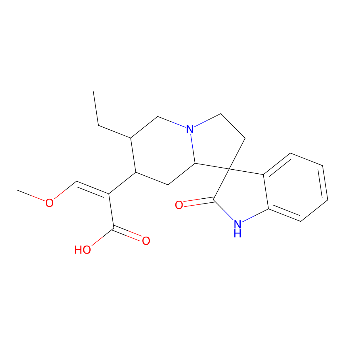 2-(6'-ethyl-2-oxospiro[1H-indole-3,1'-3,5,6,7,8,8a-hexahydro-2H-indolizine]-7'-yl)-3-methoxyprop-2-enoic acid molecular structure, CAS 144525-05-3