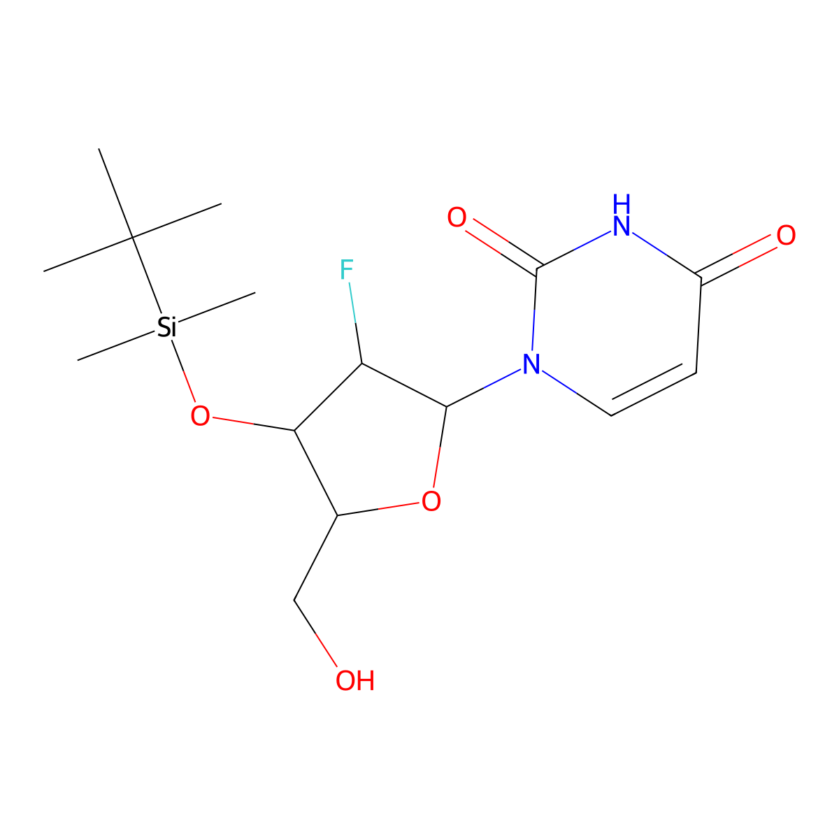 1-((2R,3R,4R,5R)-4-((tert-Butyldimethylsilyl)oxy)-3-fluoro-5-(hydroxymethyl)tetrahydrofuran-2-yl)pyrimidine-2,4(1H,3H)-dione molecular structure, CAS 1445379-59-8