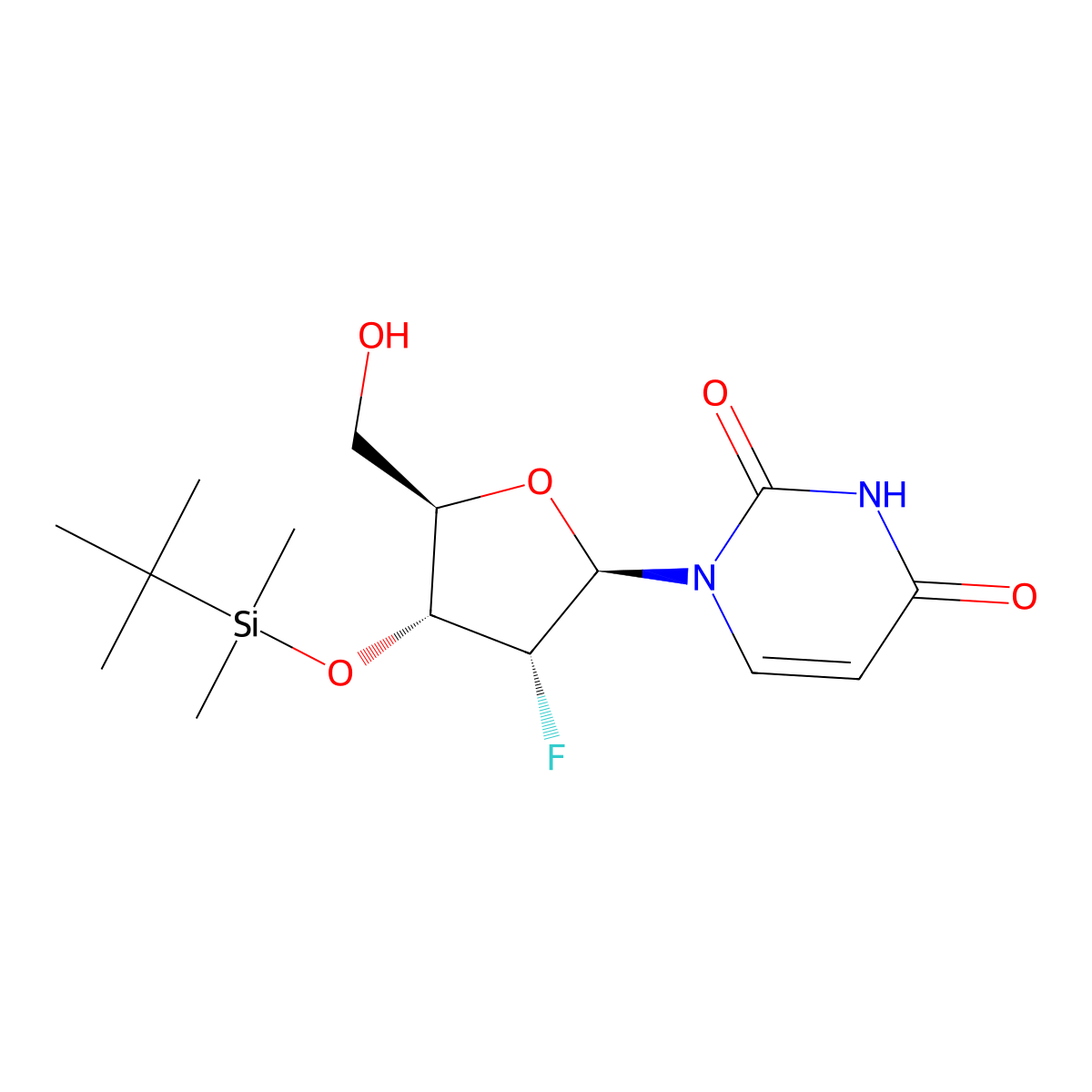 1-((2R,3R,4R,5R)-4-((tert-Butyldimethylsilyl)oxy)-3-fluoro-5-(hydroxymethyl)tetrahydrofuran-2-yl)pyrimidine-2,4(1H,3H)-dione molecular structure, CAS 1445379-59-8