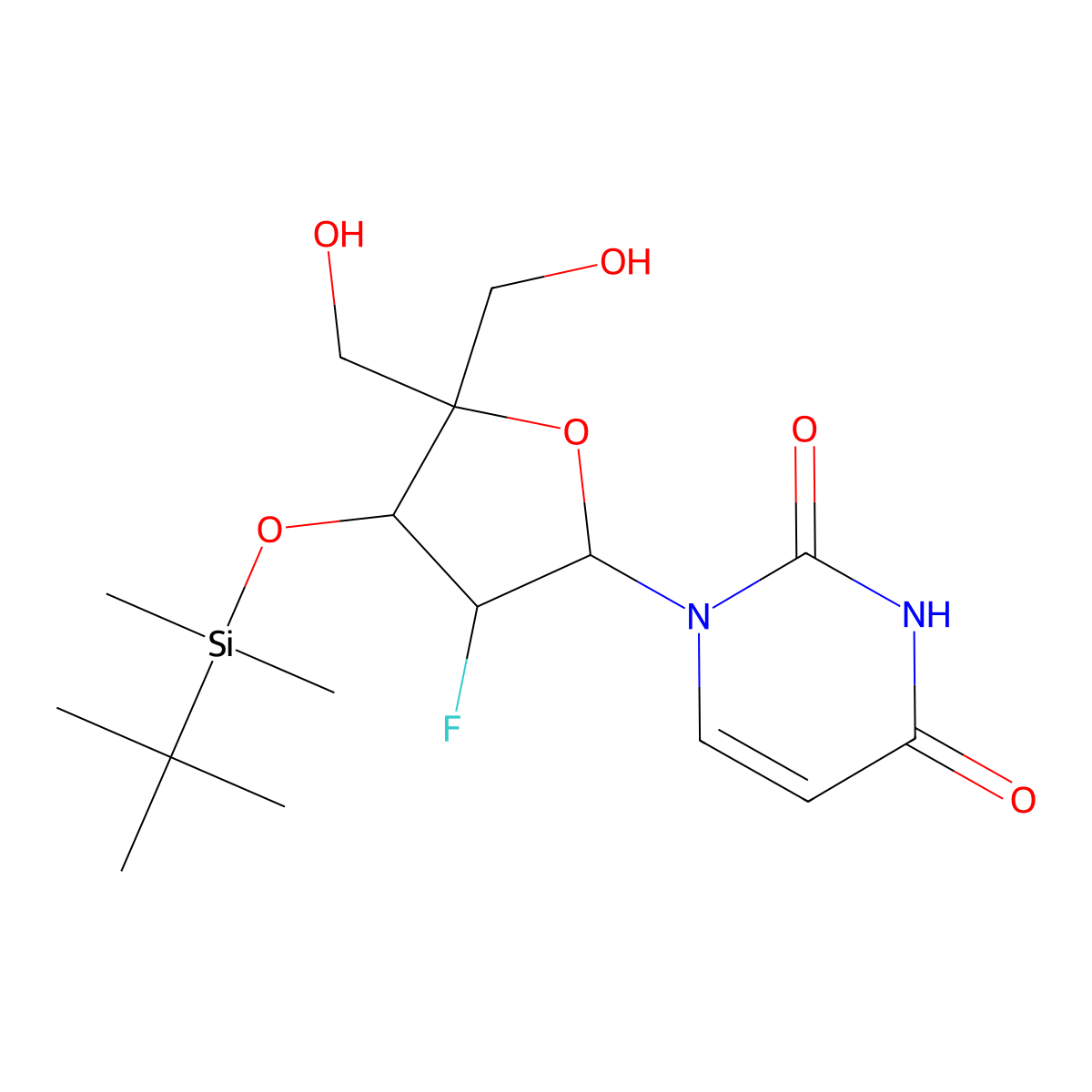 1-((2R,3R,4R)-4-((tert-butyldimethylsilyl)oxy)-3-fluoro-5,5-bis(hydroxymethyl)tetrahydrofuran-2-yl)pyrimidine-2,4(1H,3H)-dione molecular structure, CAS 1445379-61-2
