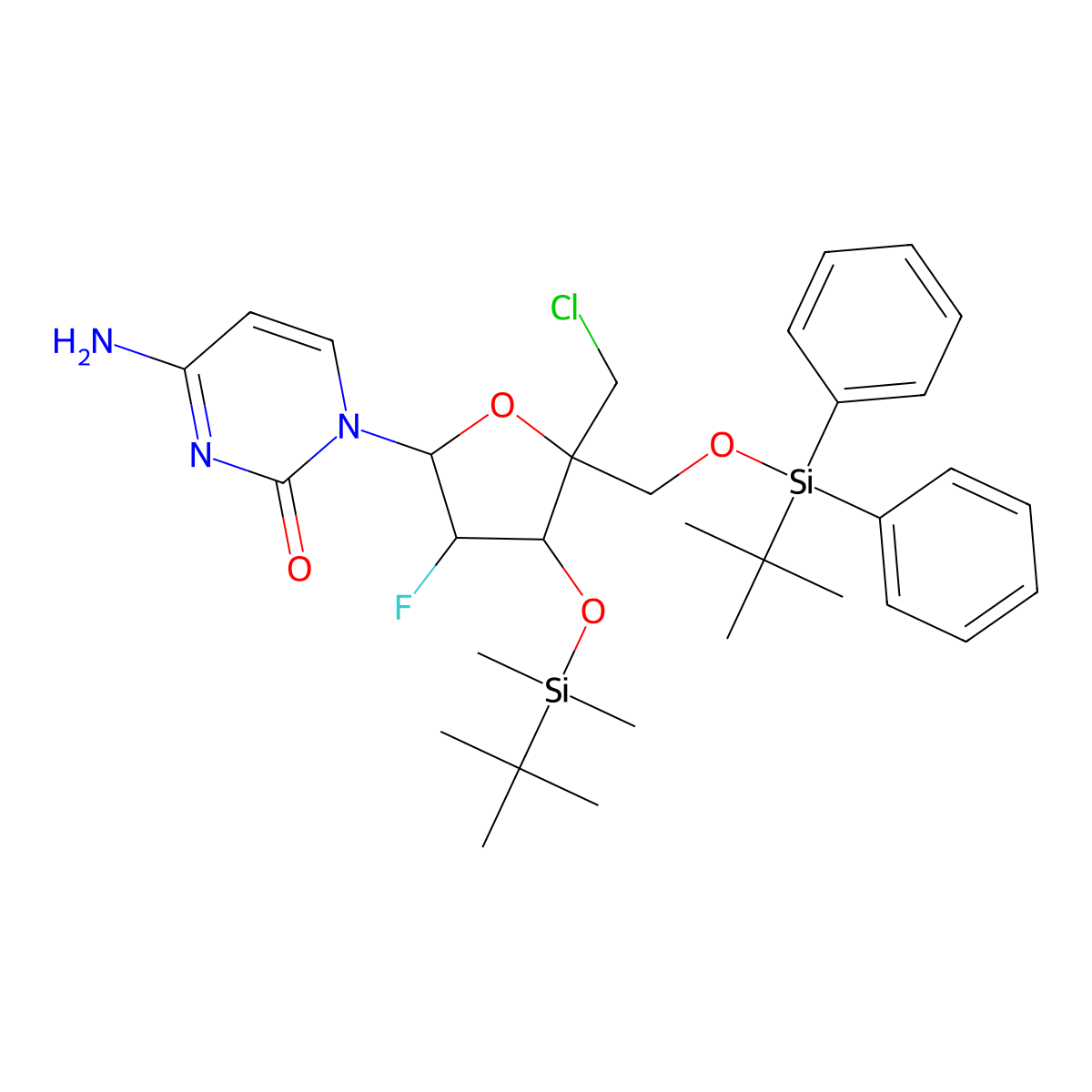 4-amino-1-((2R,3R,4R,5R)-4-((tert-butyldimethylsilyl)oxy)-5-(((tert-butyldiphenylsilyl)oxy)methyl)-5-(chloromethyl)-3-fluorotetrahydrofuran-2-yl)pyrimidin-2(1H)-one molecular structure, CAS 1445379-90-7