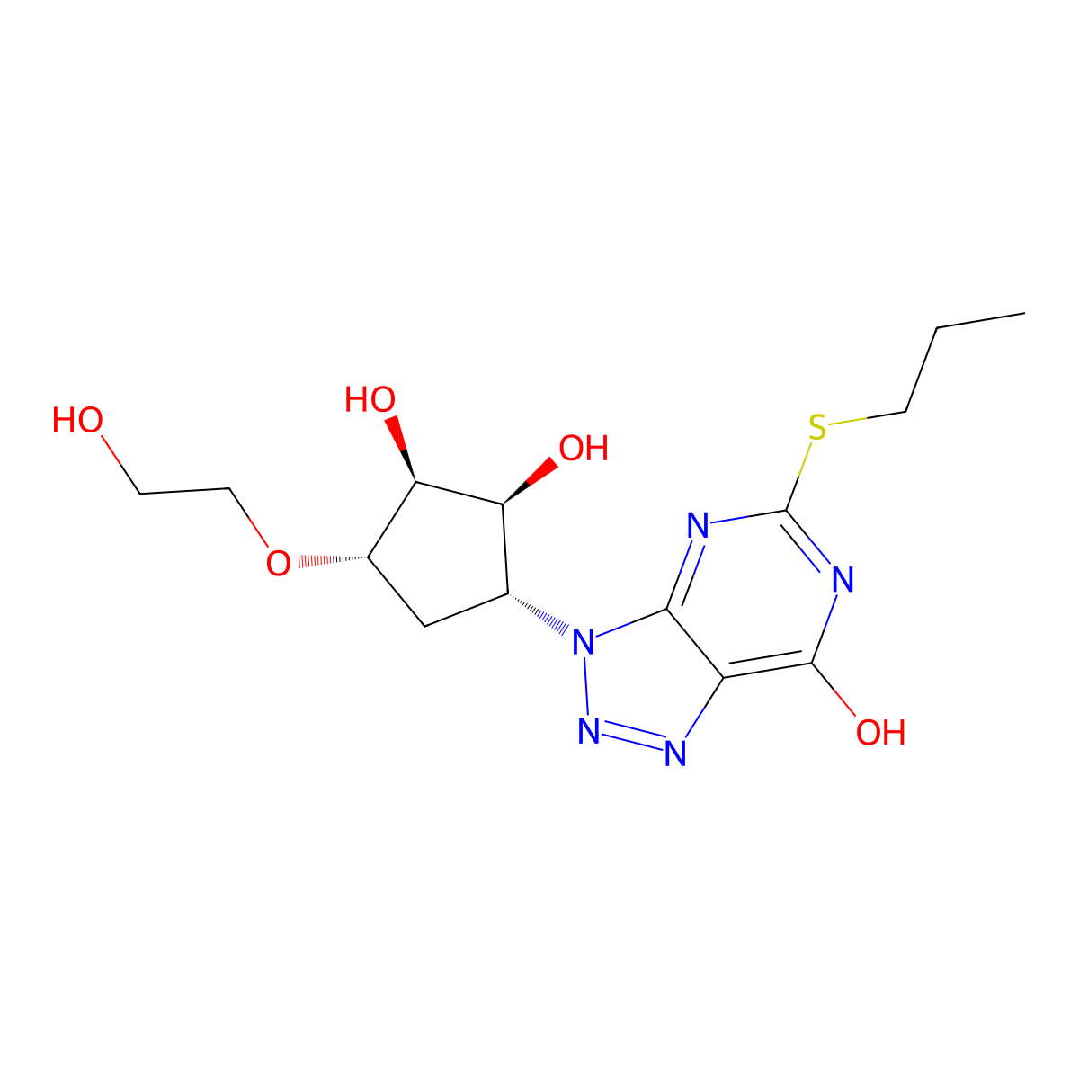 (1S,2S,3R,5S)-3-(7-hydroxy-5-(propylthio)-3H-[1,2,3]triazolo[4,5-d]pyrimidin-3-yl)-5-(2-hydroxyethoxy)cyclopentane-1,2-diol molecular structure, CAS 1445580-43-7