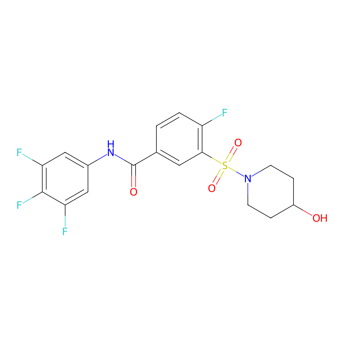 4-fluoro-3-(4-hydroxypiperidin-1-yl)sulfonyl-N-(3,4,5-trifluorophenyl)benzamide molecular structure, CAS 1445790-55-5