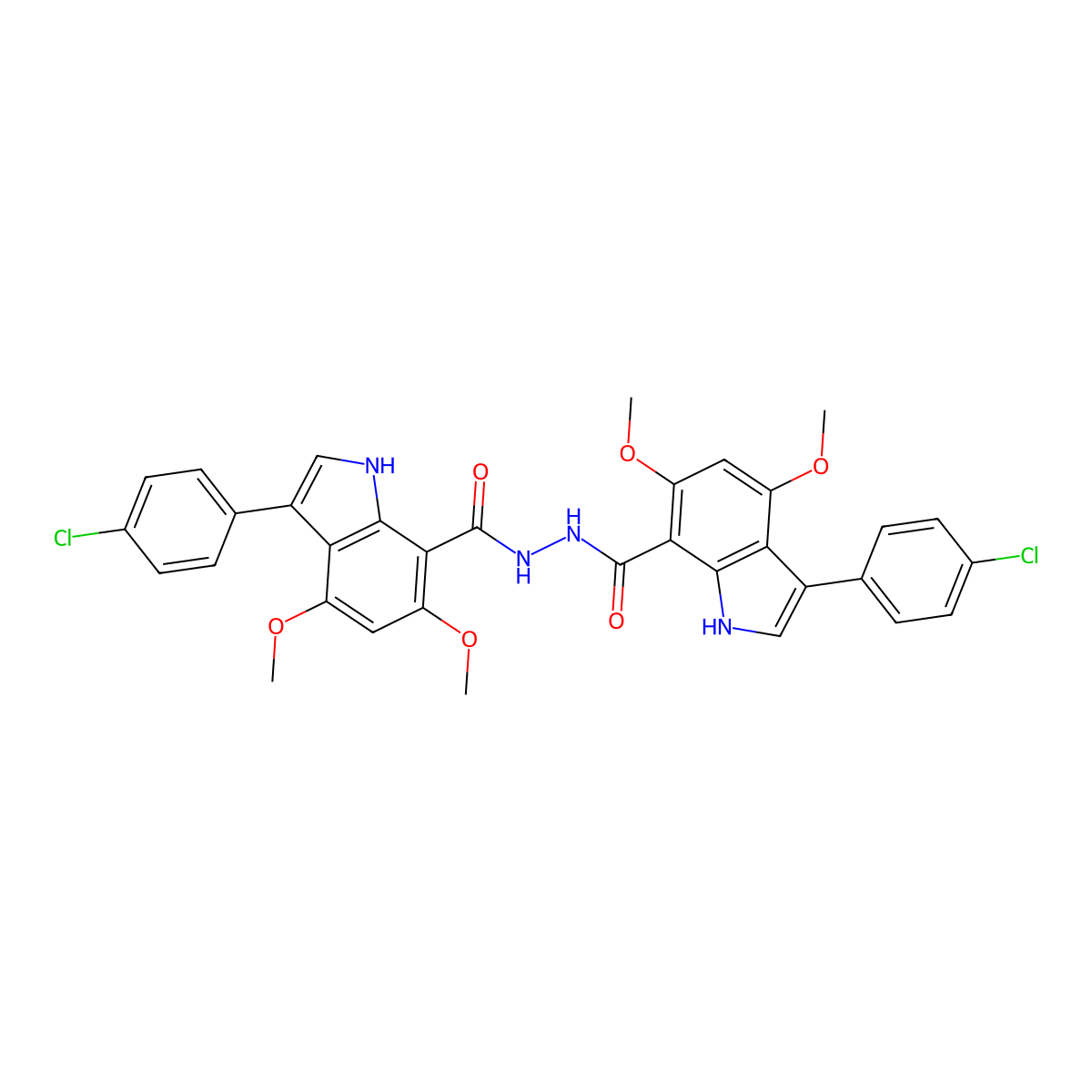 1H-Indole-7-carboxylic acid, 3-(4-chlorophenyl)-4,6-dimethoxy-, 2-[[3-(4-chlorophenyl)-4,6-dimethoxy-1H-indol-7-yl]carbonyl]hydrazide molecular structure, CAS 1445801-61-5