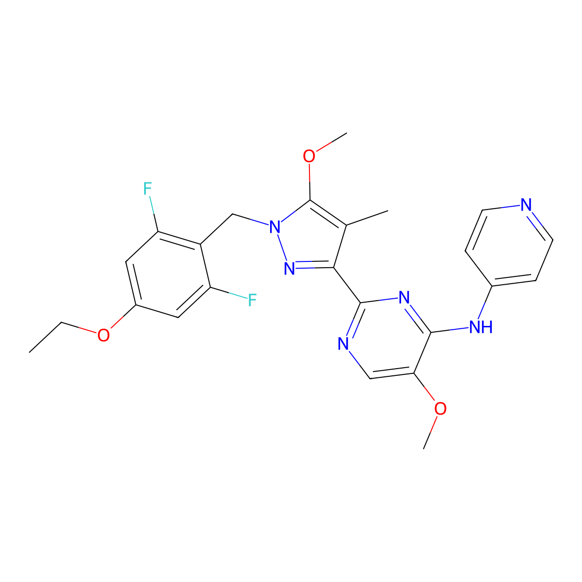 2-[1-[(4-ethoxy-2,6-difluorophenyl)methyl]-5-methoxy-4-methylpyrazol-3-yl]-5-methoxy-N-pyridin-4-ylpyrimidin-4-amine molecular structure, CAS 1445830-39-6