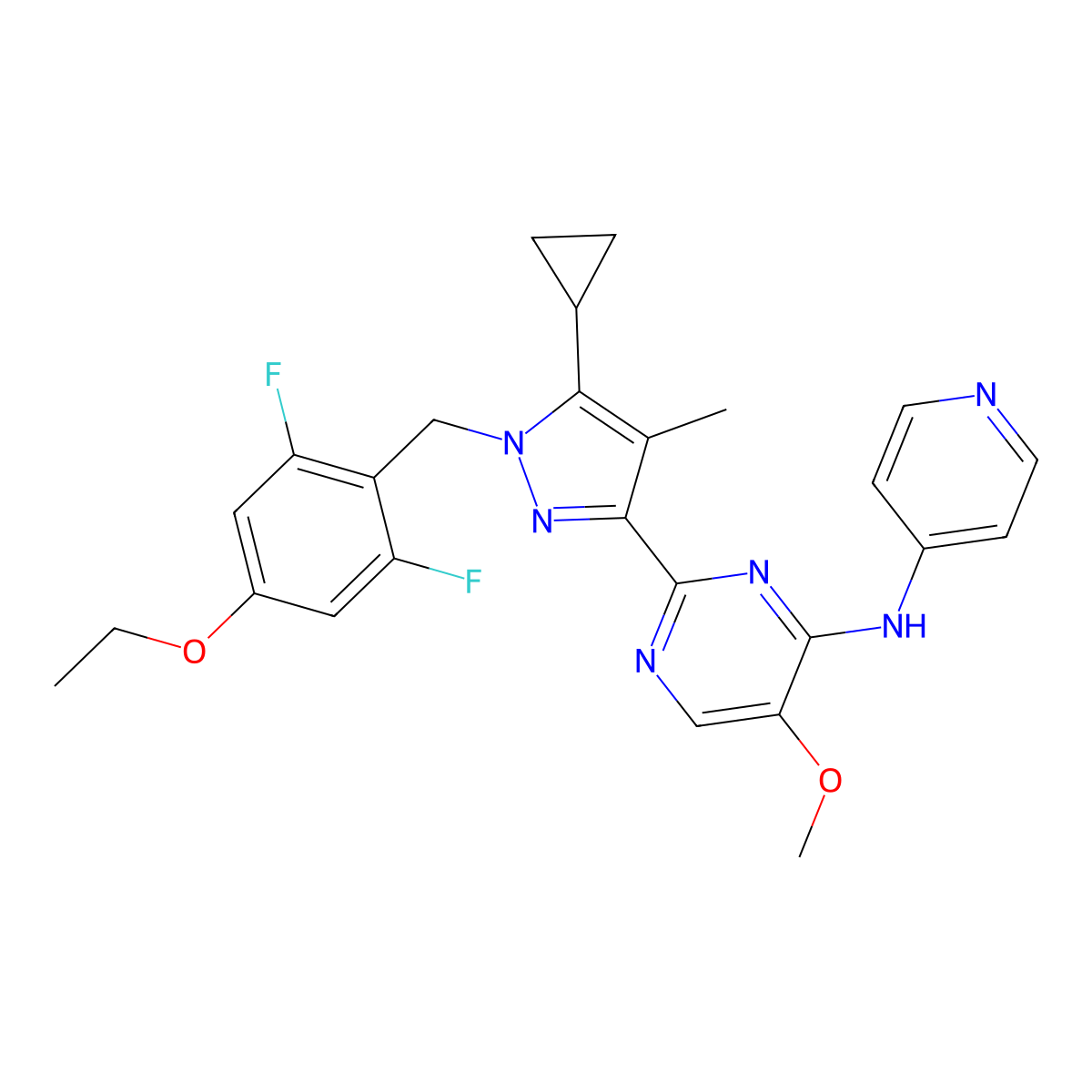 2-[5-cyclopropyl-1-[(4-ethoxy-2,6-difluorophenyl)methyl]-4-methylpyrazol-3-yl]-5-methoxy-N-pyridin-4-ylpyrimidin-4-amine molecular structure, CAS 1445830-50-1