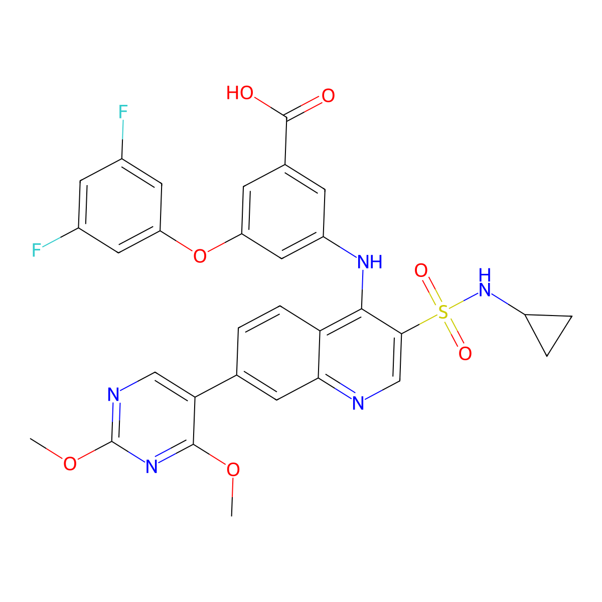 3-((3-(N-Cyclopropylsulfamoyl)-7-(2,4-dimethoxypyrimidin-5-yl)quinolin-4-yl)amino)-5-(3,5-difluorophenoxy)benzoic acid molecular structure, CAS 1445879-21-9
