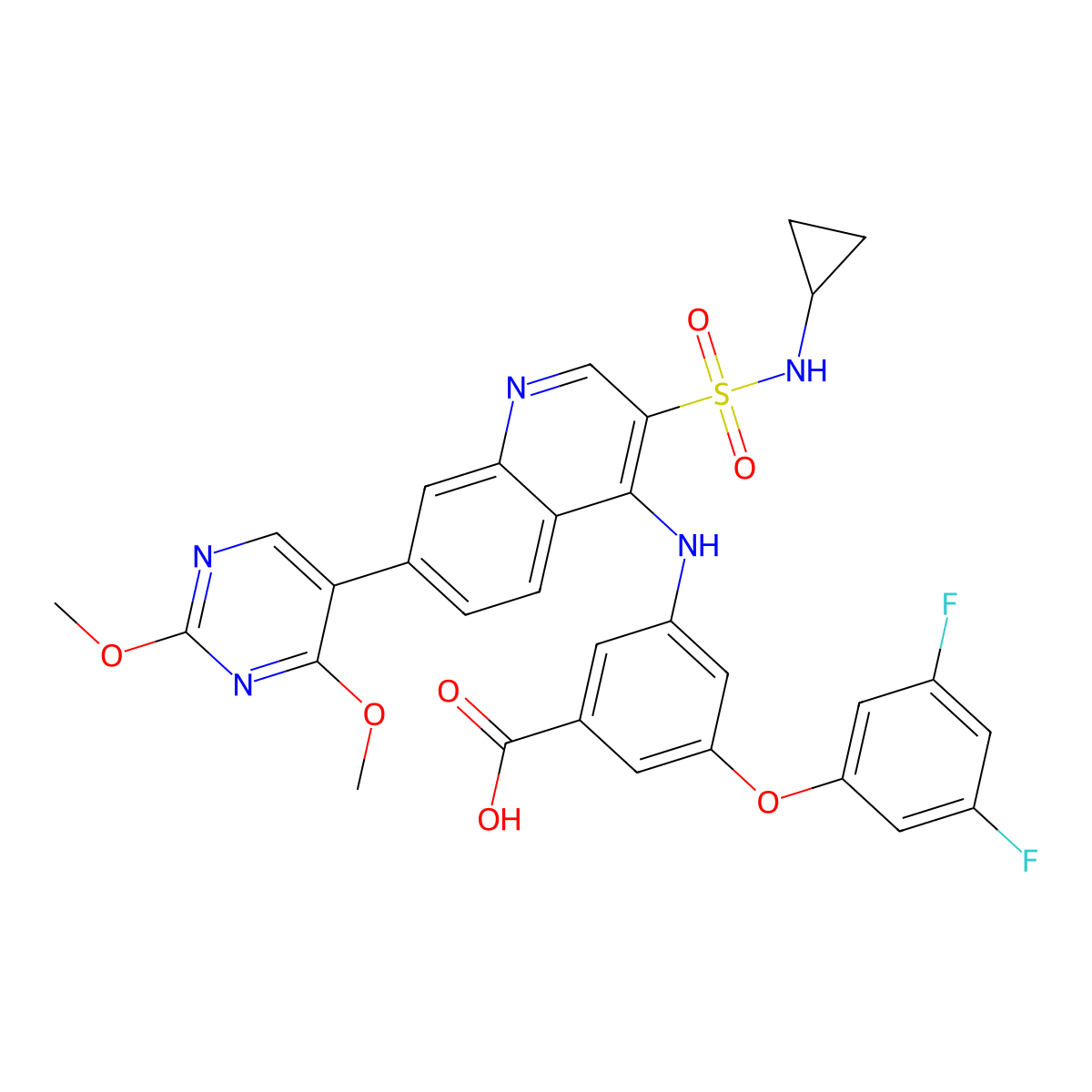3-((3-(N-Cyclopropylsulfamoyl)-7-(2,4-dimethoxypyrimidin-5-yl)quinolin-4-yl)amino)-5-(3,5-difluorophenoxy)benzoic acid molecular structure, CAS 1445879-21-9