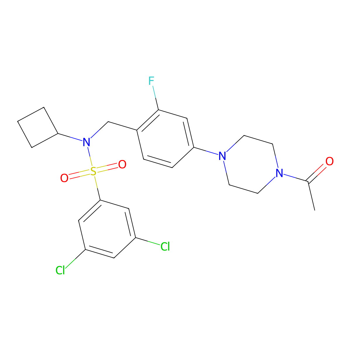 N-[4-(4-Acetylpiperazin-1-yl)-2-fluorobenzyl]-3,5-dichloro-N-cyclobutyl-benzenesulfonamide molecular structure, CAS 1445901-81-4