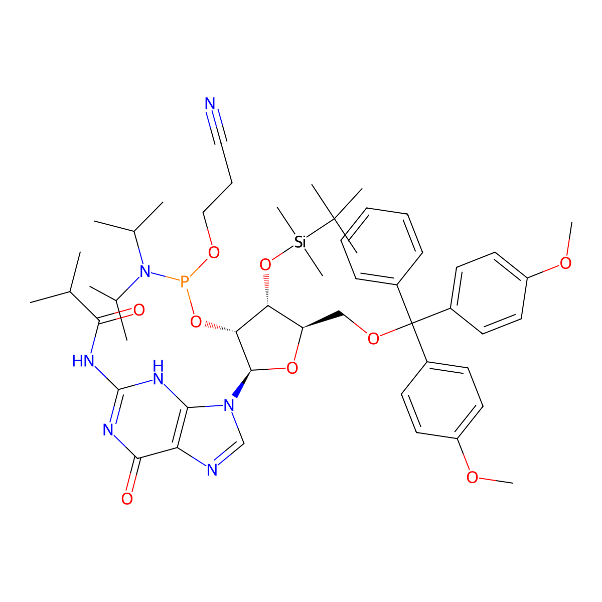 N-[9-[(2R,3R,4R,5R)-5-[[bis(4-methoxyphenyl)-phenylmethoxy]methyl]-4-[tert-butyl(dimethyl)silyl]oxy-3-[2-cyanoethoxy-[di(propan-2-yl)amino]phosphanyl]oxyoxolan-2-yl]-6-oxo-3H-purin-2-yl]-2-methylpropanamide molecular structure, CAS 1445905-51-0