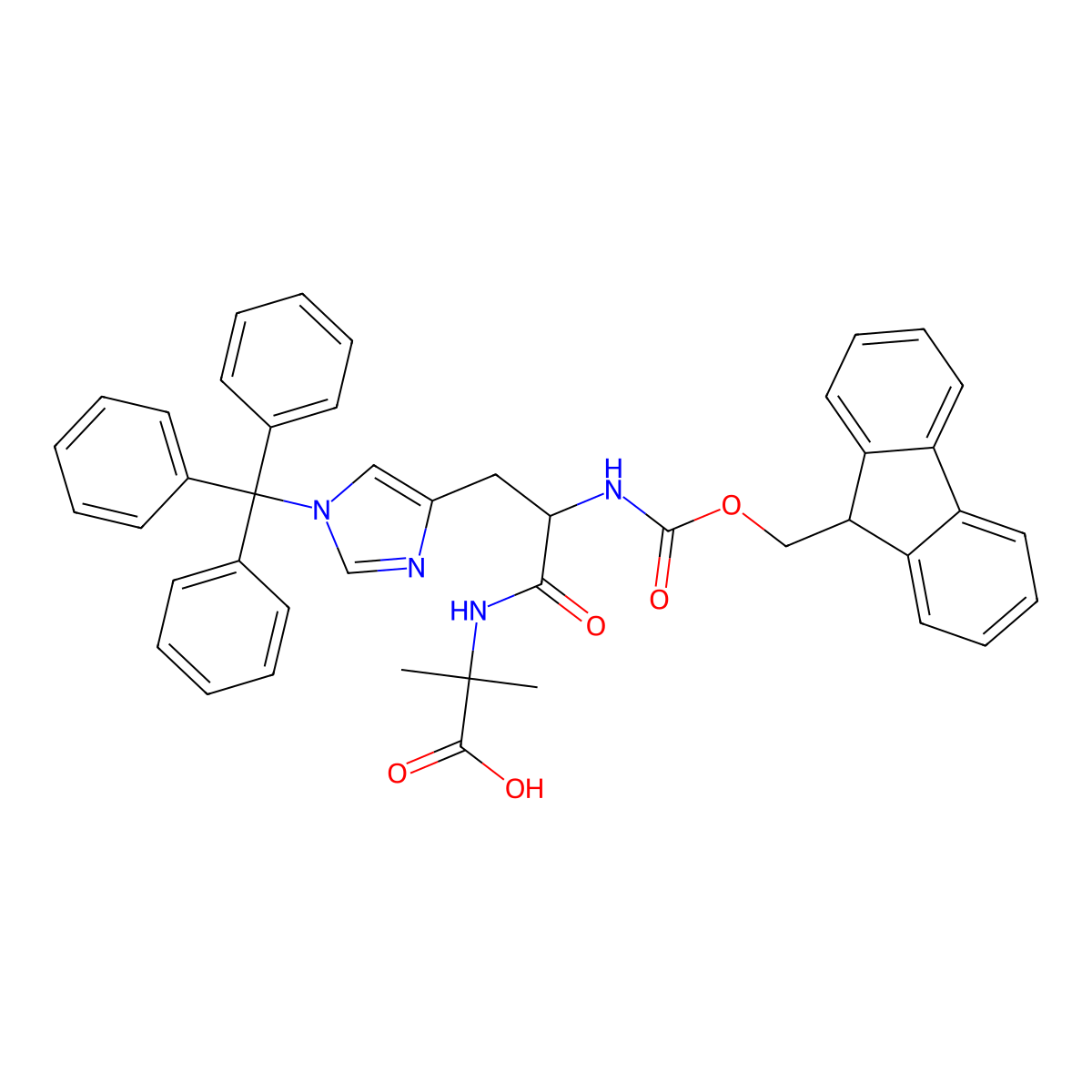 (S)-2-(2-((((9H-fluoren-9-yl)methoxy)carbonyl)amino)-3-(1-trityl-1H-imidazol-4-yl)propanamido)-2-methylpropanoic acid molecular structure, CAS 1446013-13-3