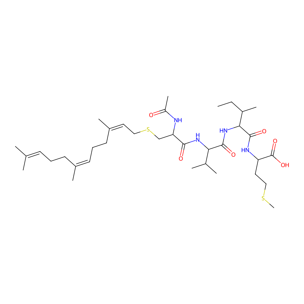 N-Acetyl-S-[(2E,6E)-3,7,11-trimethyldodeca-2,6,10-trienyl]-L-cysteinyl-D-valyl-L-isoleucyl-L-methionine molecular structure, CAS 144608-65-1